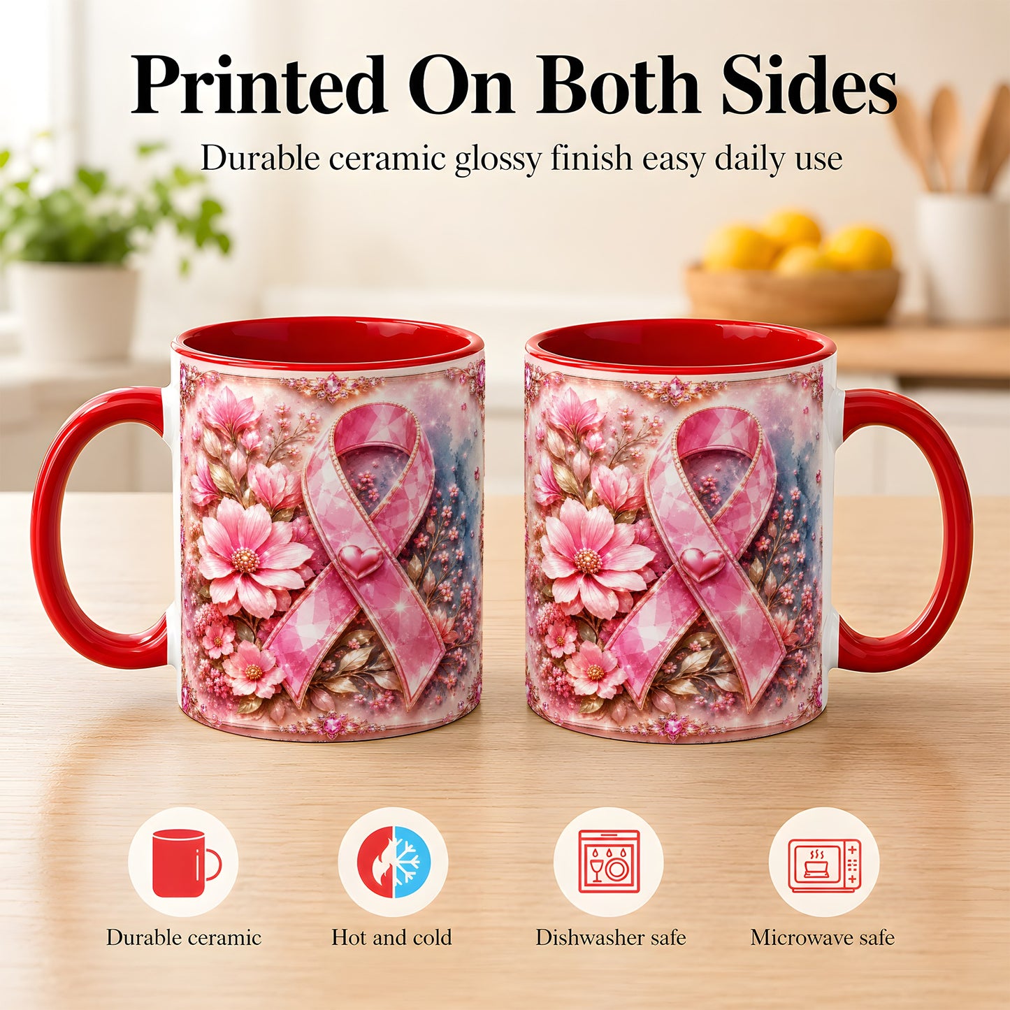 #pl[11oz|Red] Gemstone Pink Ribbon Coffee Mug, Floral Awareness Mug, Ceramic Cup