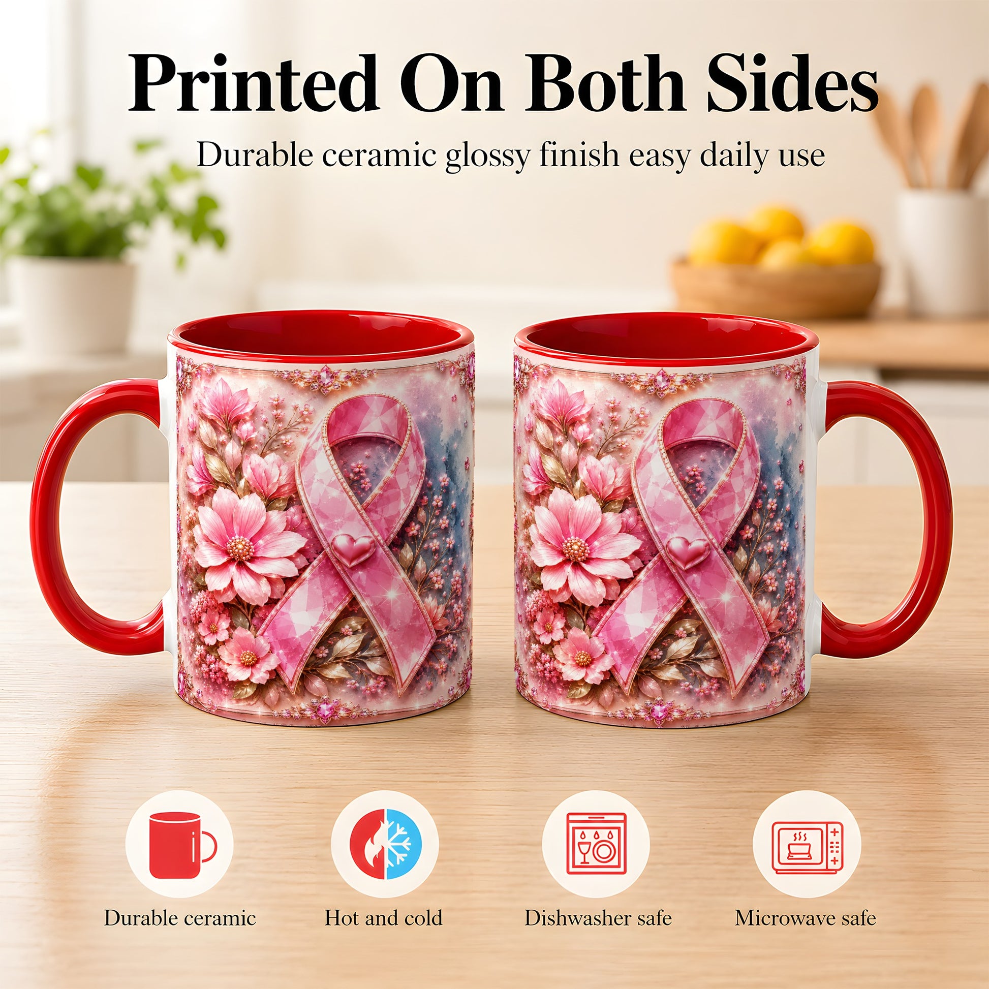 #pl[11oz|Red] Gemstone Pink Ribbon Coffee Mug, Floral Awareness Mug, Ceramic Cup