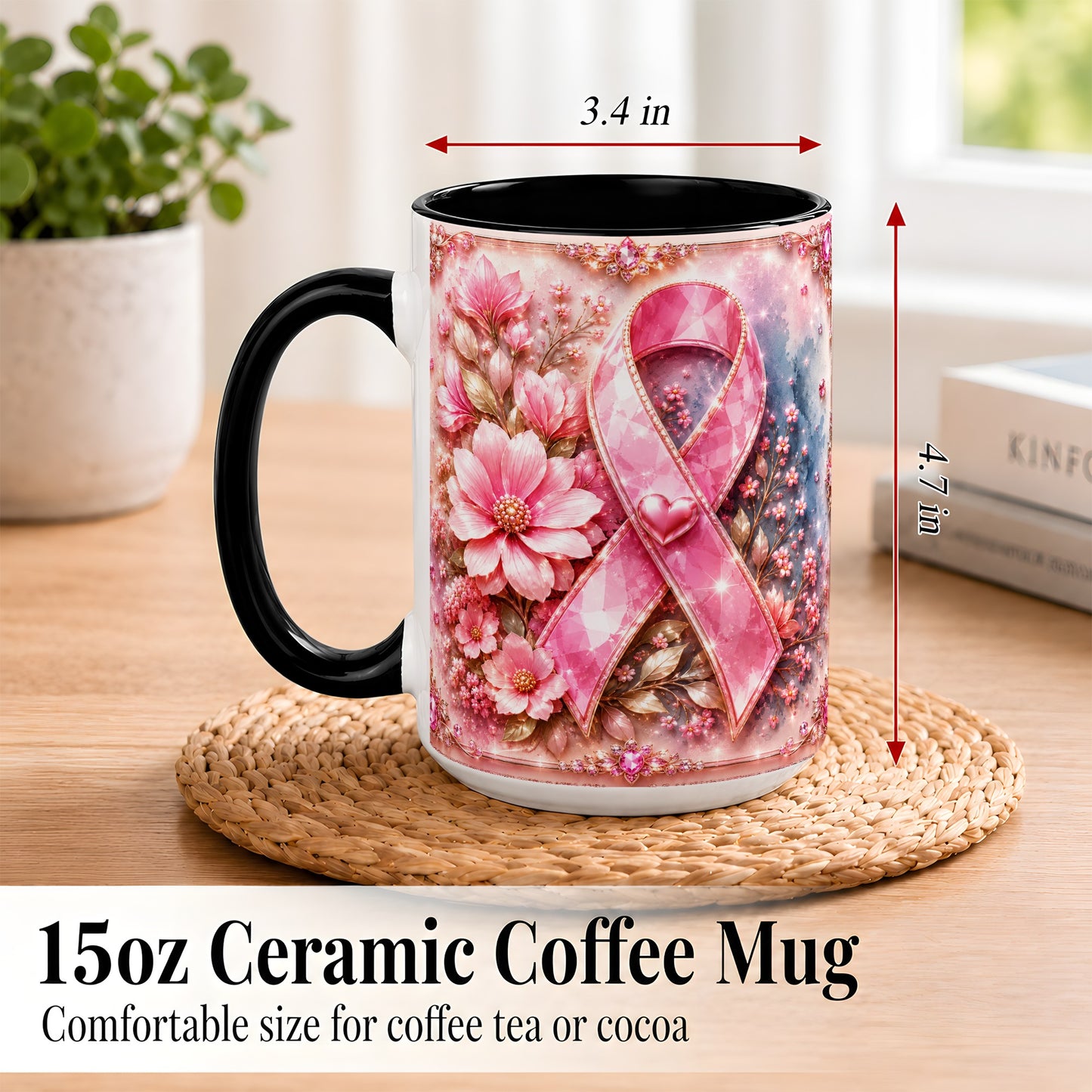 #pl[15oz|Black] Gemstone Pink Ribbon Coffee Mug, Floral Awareness Mug, Ceramic Cup