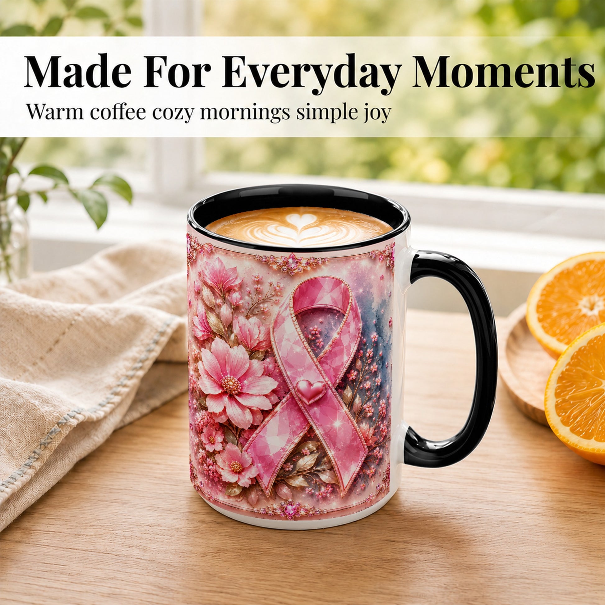 #pl[15oz|Black] Gemstone Pink Ribbon Coffee Mug, Floral Awareness Mug, Ceramic Cup