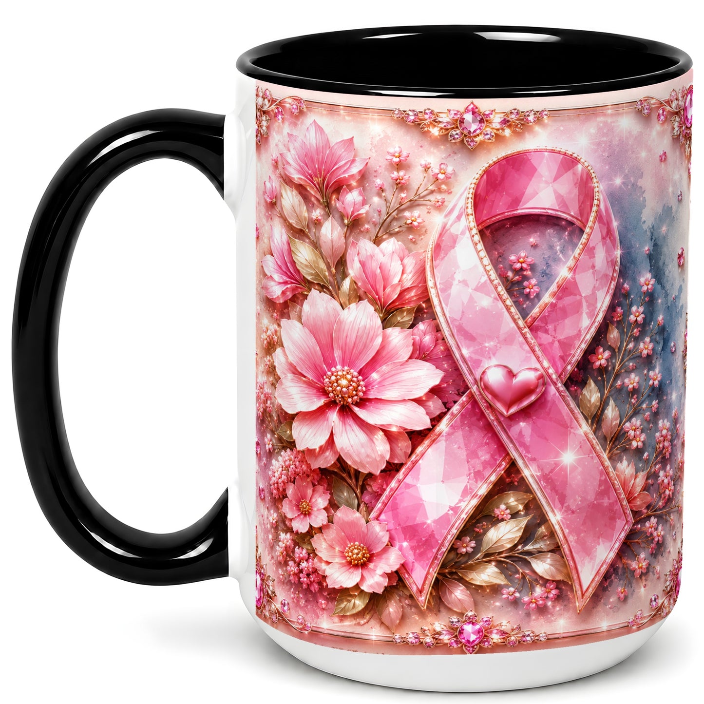 #pl[15oz|Black] Gemstone Pink Ribbon Coffee Mug, Floral Awareness Mug, Ceramic Cup