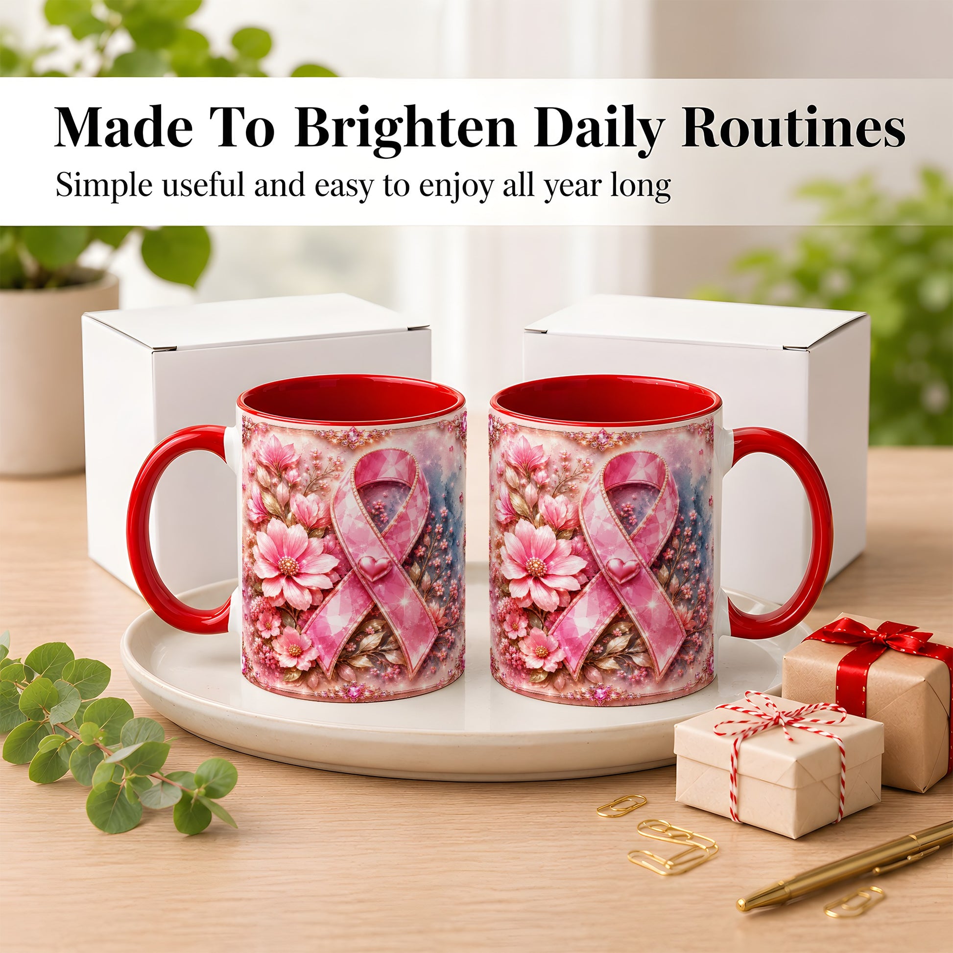 #pl[11oz|Red] Gemstone Pink Ribbon Coffee Mug, Floral Awareness Mug, Ceramic Cup