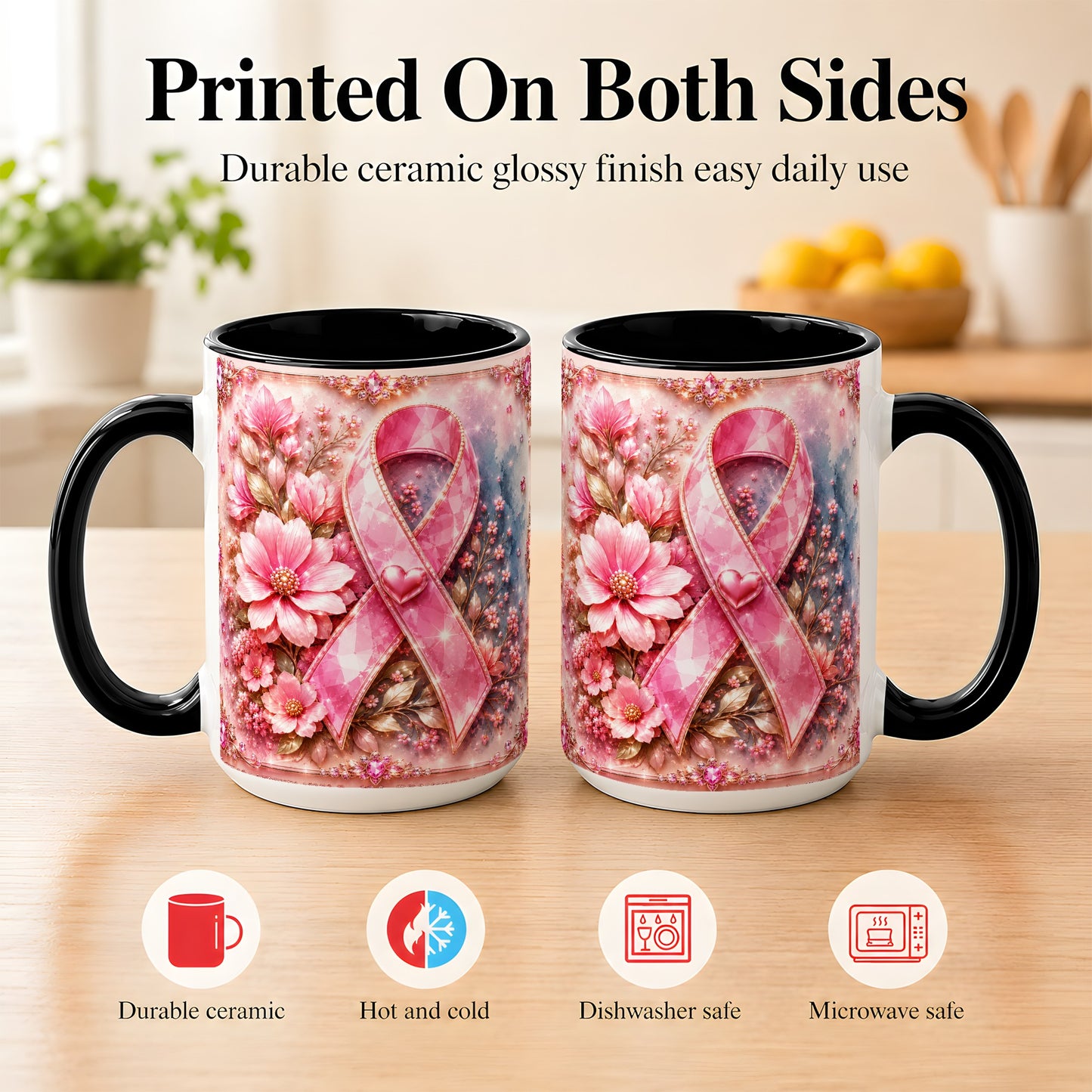 #pl[15oz|Black] Gemstone Pink Ribbon Coffee Mug, Floral Awareness Mug, Ceramic Cup