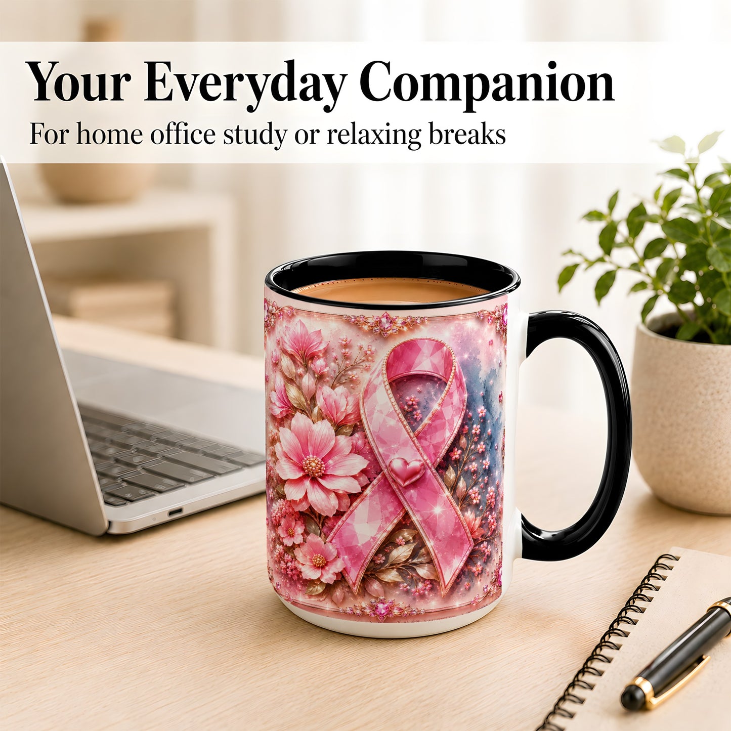 #pl[15oz|Black] Gemstone Pink Ribbon Coffee Mug, Floral Awareness Mug, Ceramic Cup