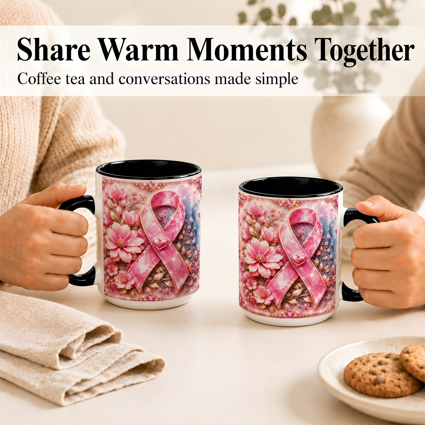 #pl[15oz|Black] Gemstone Pink Ribbon Coffee Mug, Floral Awareness Mug, Ceramic Cup