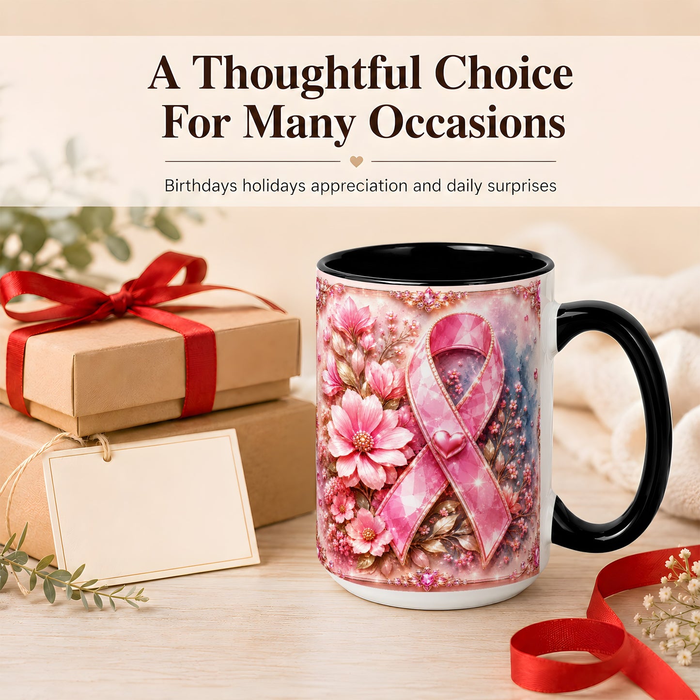 #pl[15oz|Black] Gemstone Pink Ribbon Coffee Mug, Floral Awareness Mug, Ceramic Cup