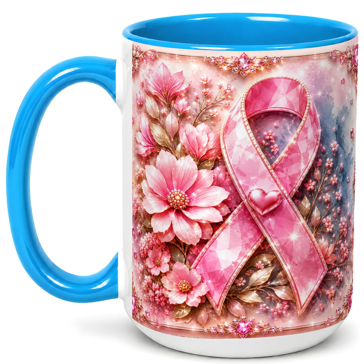 #pl[15oz|Blue] Gemstone Pink Ribbon Coffee Mug, Floral Awareness Mug, Ceramic Cup