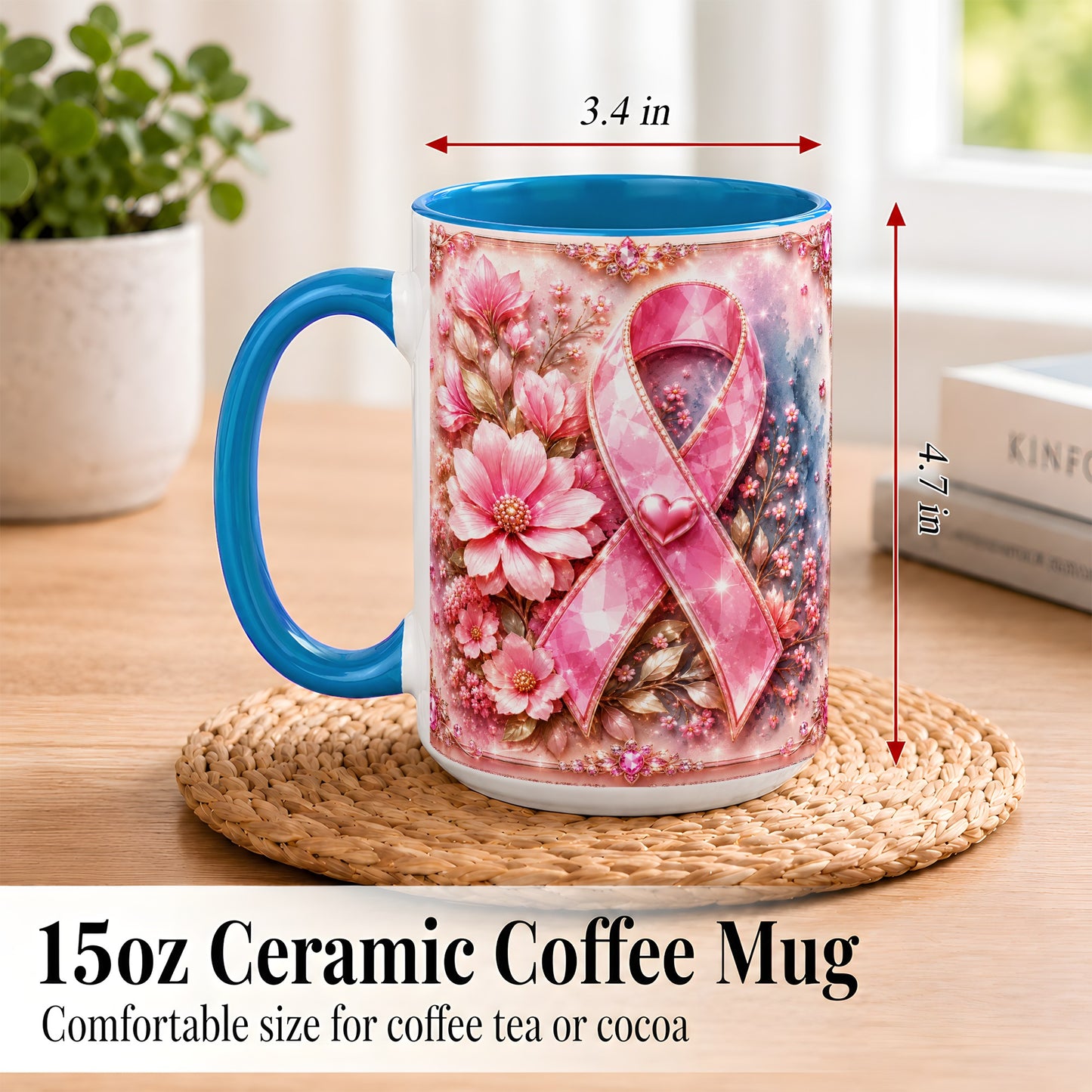 #pl[15oz|Blue] Gemstone Pink Ribbon Coffee Mug, Floral Awareness Mug, Ceramic Cup