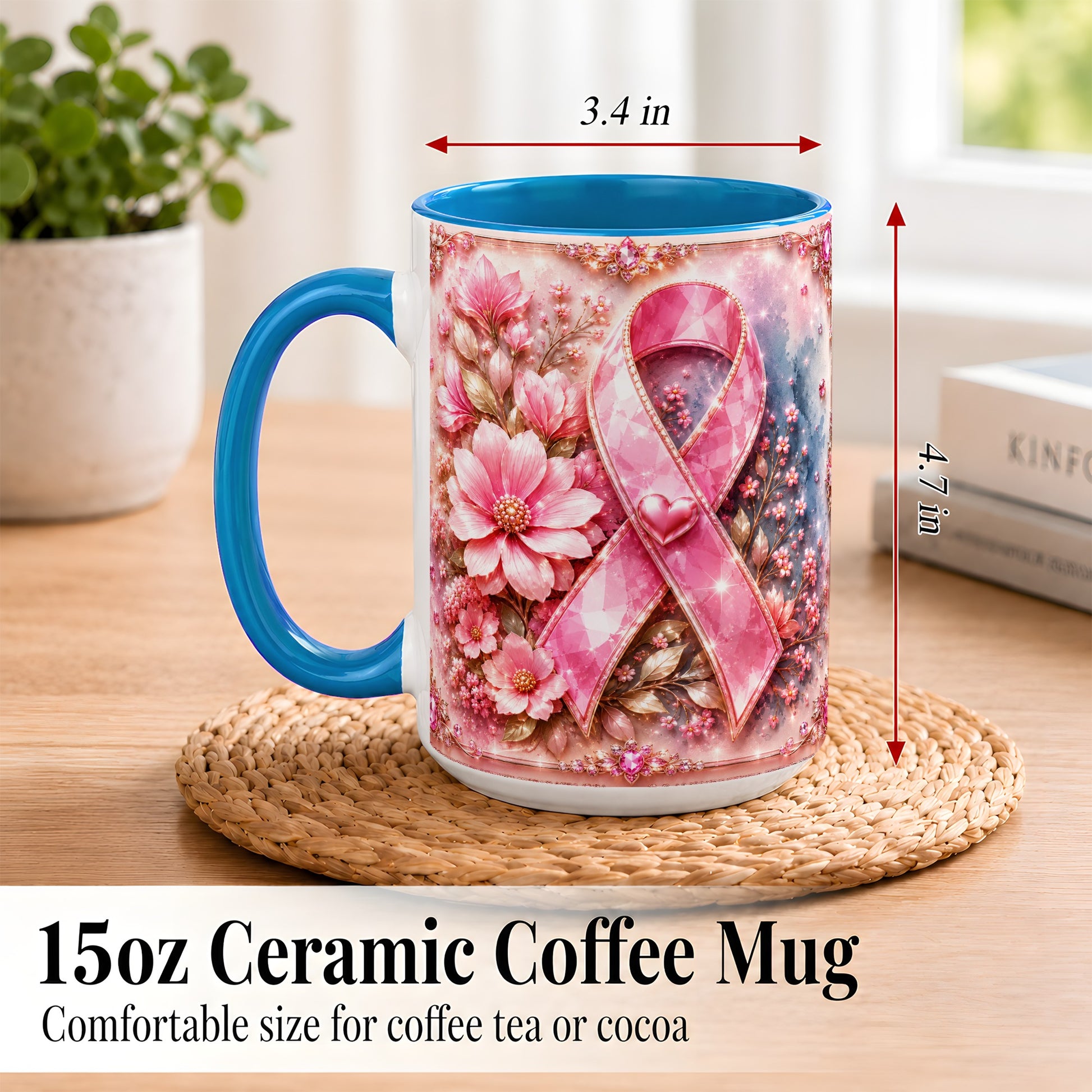 #pl[15oz|Blue] Gemstone Pink Ribbon Coffee Mug, Floral Awareness Mug, Ceramic Cup