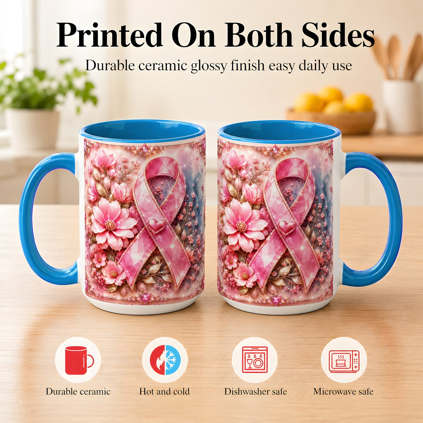 #pl[15oz|Blue] Gemstone Pink Ribbon Coffee Mug, Floral Awareness Mug, Ceramic Cup