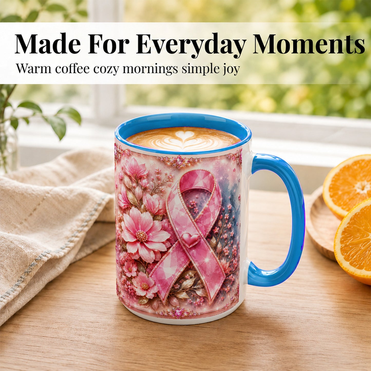 #pl[15oz|Blue] Gemstone Pink Ribbon Coffee Mug, Floral Awareness Mug, Ceramic Cup