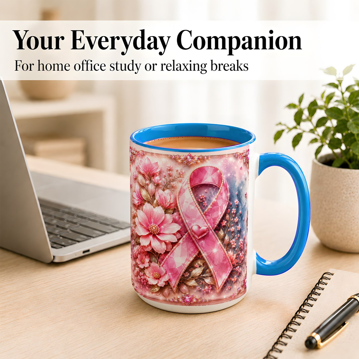 #pl[15oz|Blue] Gemstone Pink Ribbon Coffee Mug, Floral Awareness Mug, Ceramic Cup
