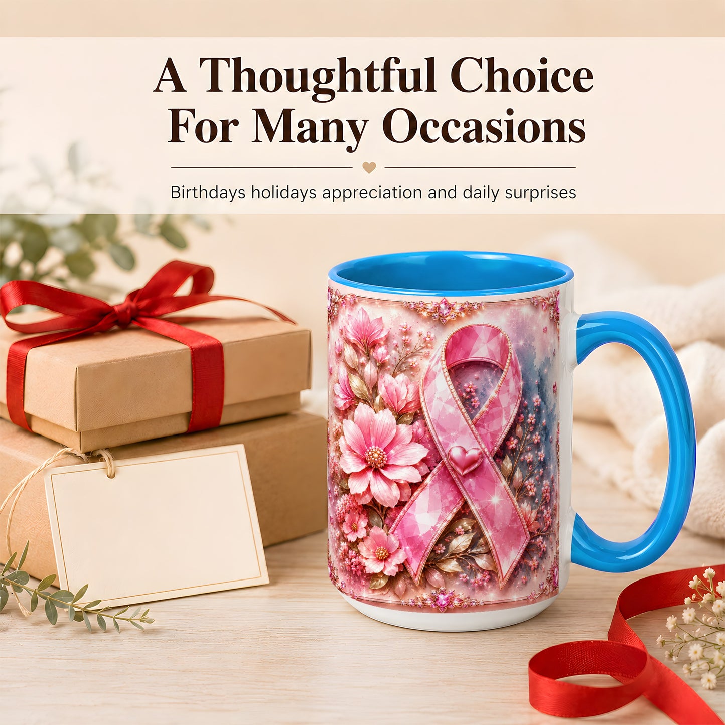 #pl[15oz|Blue] Gemstone Pink Ribbon Coffee Mug, Floral Awareness Mug, Ceramic Cup