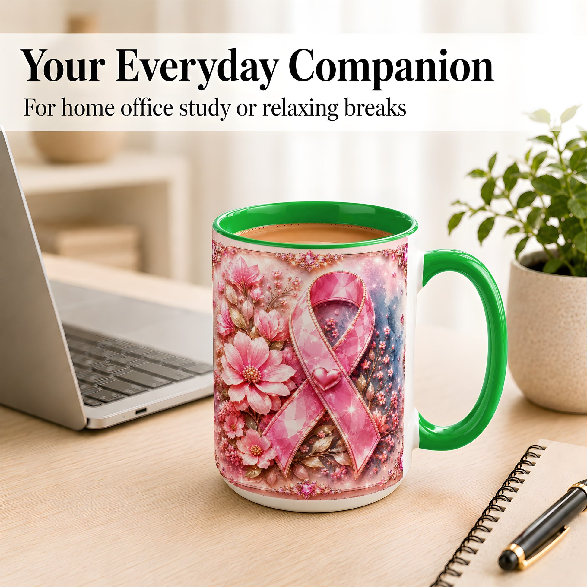 #pl[15oz|Green] Gemstone Pink Ribbon Coffee Mug, Floral Awareness Mug, Ceramic Cup