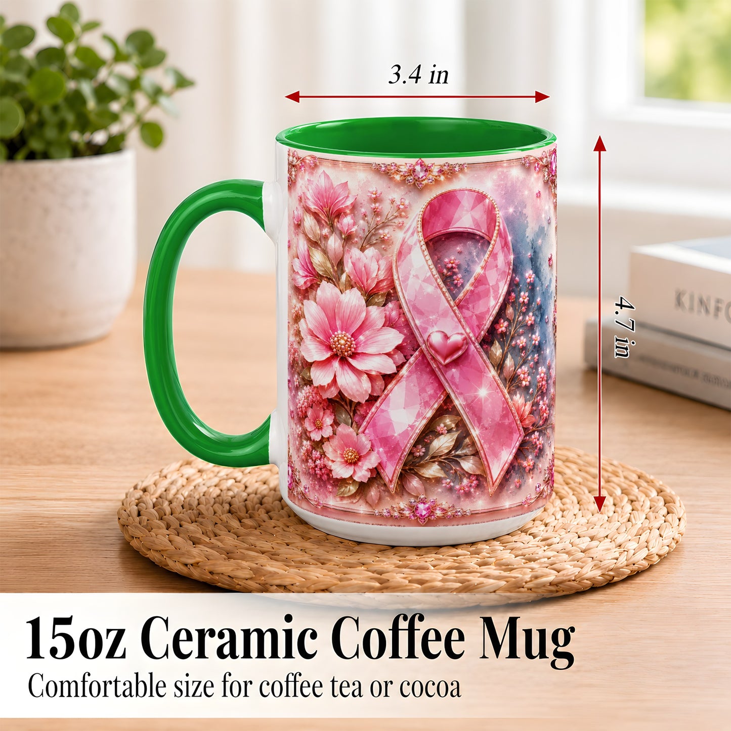 #pl[15oz|Green] Gemstone Pink Ribbon Coffee Mug, Floral Awareness Mug, Ceramic Cup