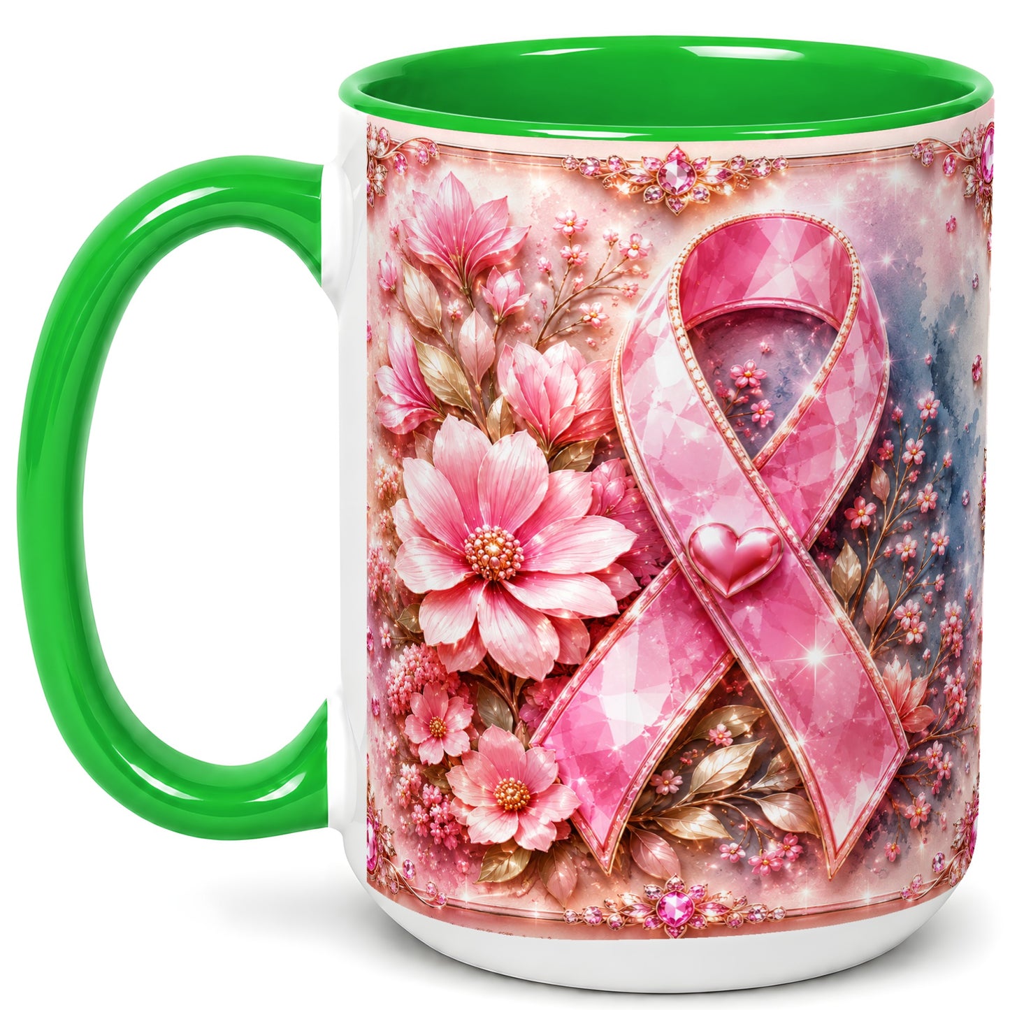 #pl[15oz|Green] Gemstone Pink Ribbon Coffee Mug, Floral Awareness Mug, Ceramic Cup