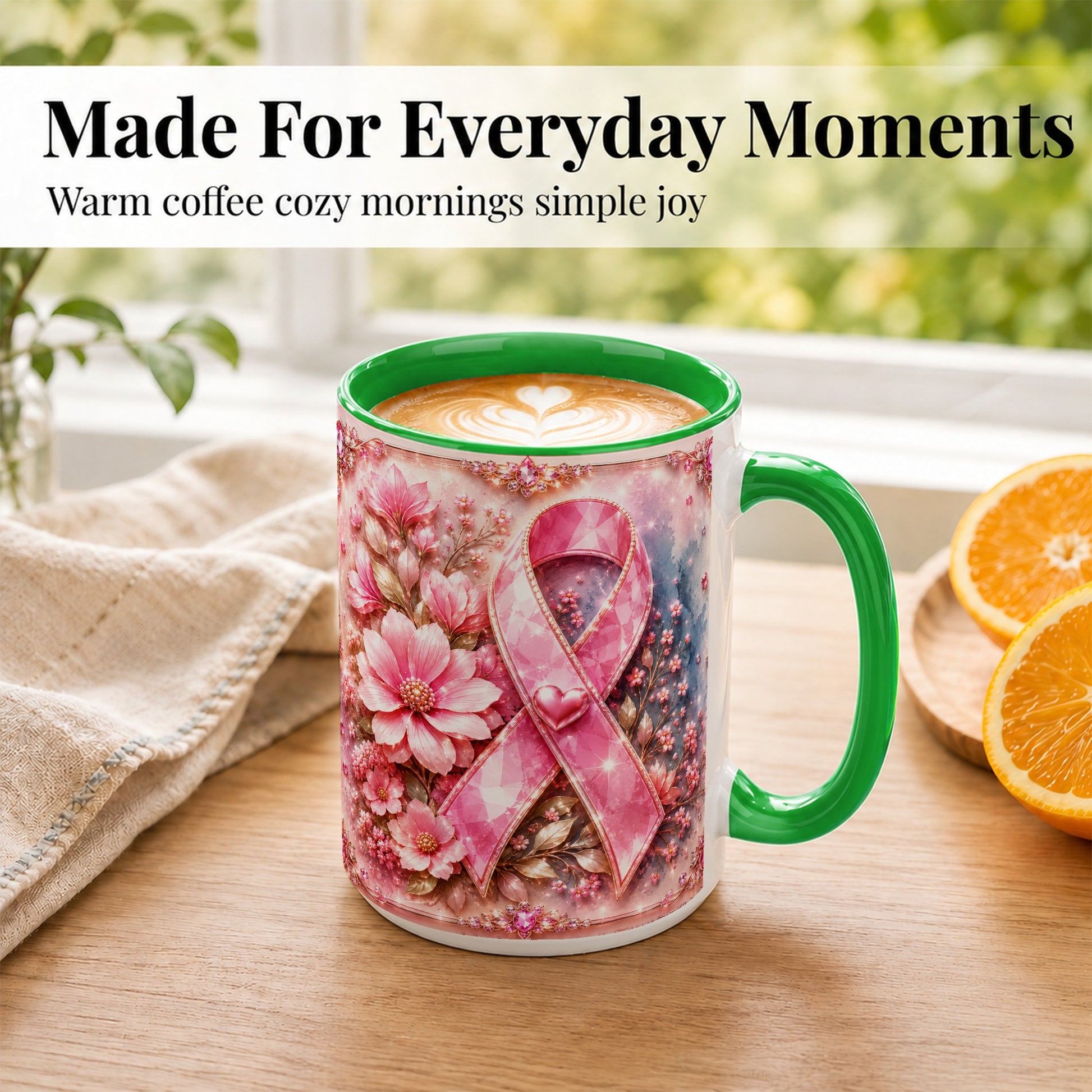 #pl[15oz|Green] Gemstone Pink Ribbon Coffee Mug, Floral Awareness Mug, Ceramic Cup