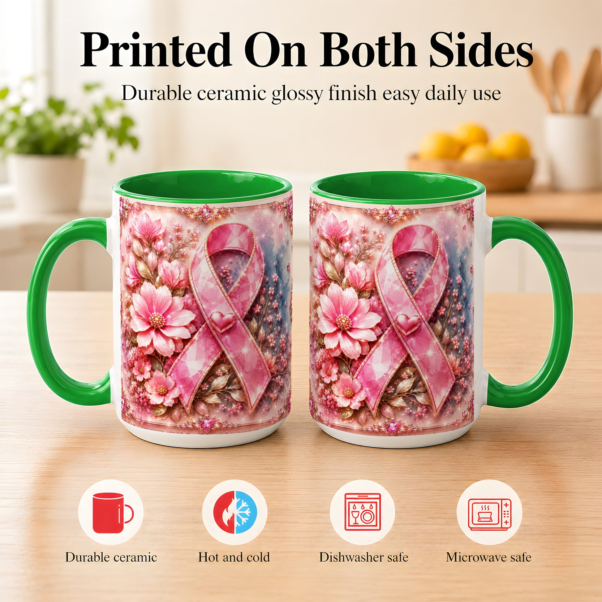 #pl[15oz|Green] Gemstone Pink Ribbon Coffee Mug, Floral Awareness Mug, Ceramic Cup