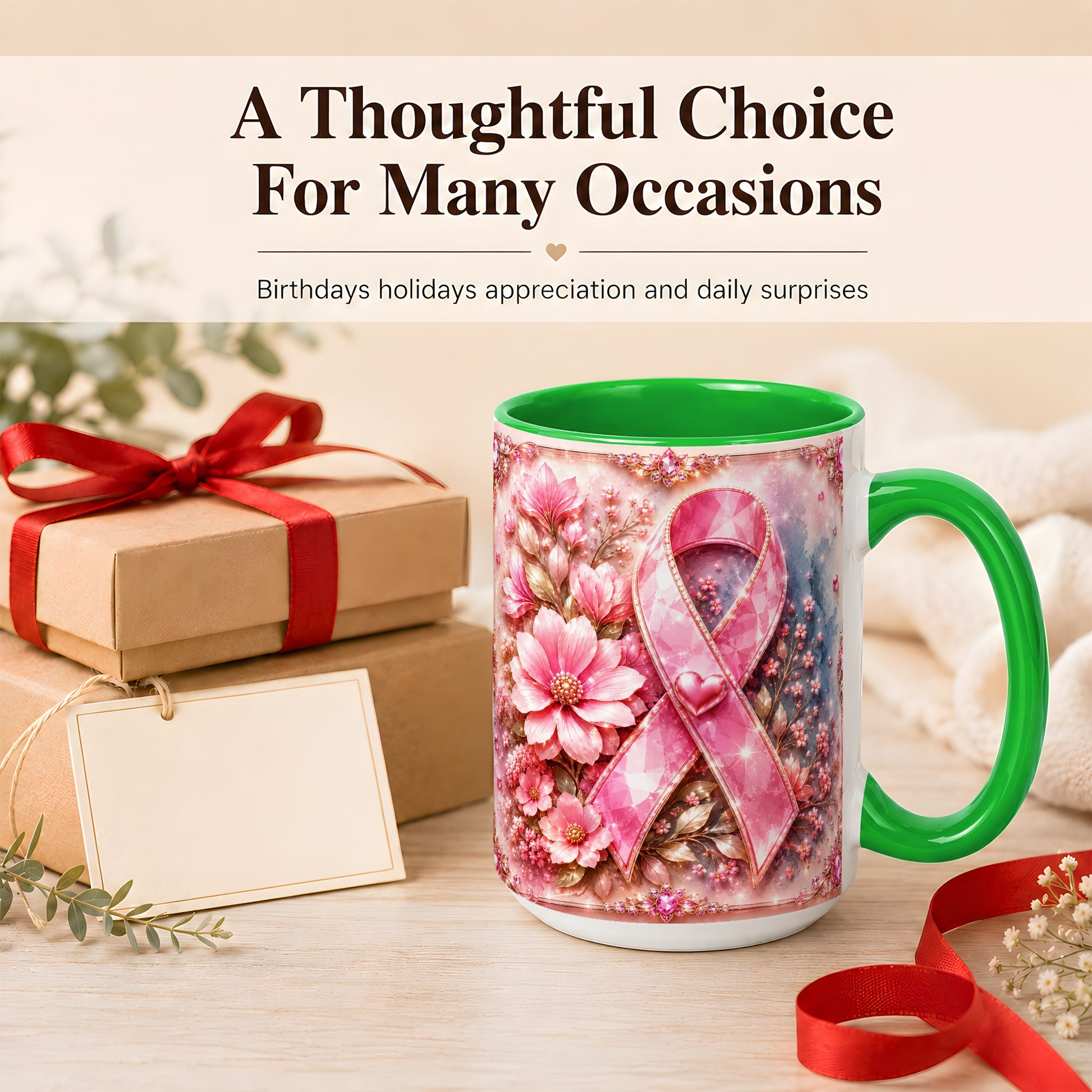 #pl[15oz|Green] Gemstone Pink Ribbon Coffee Mug, Floral Awareness Mug, Ceramic Cup