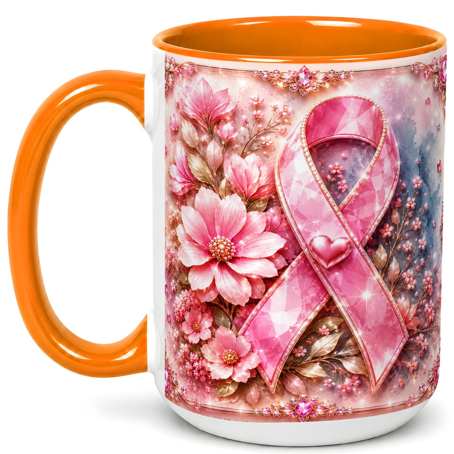 #pl[15oz|Orange] Gemstone Pink Ribbon Coffee Mug, Floral Awareness Mug, Ceramic Cup