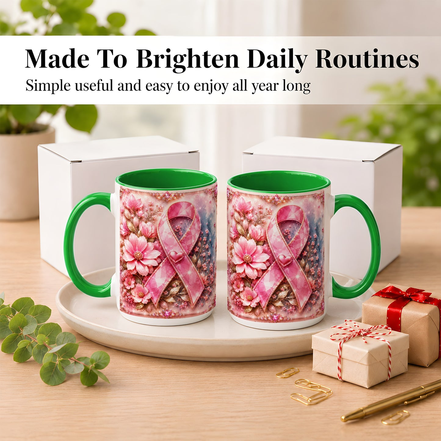 #pl[15oz|Green] Gemstone Pink Ribbon Coffee Mug, Floral Awareness Mug, Ceramic Cup
