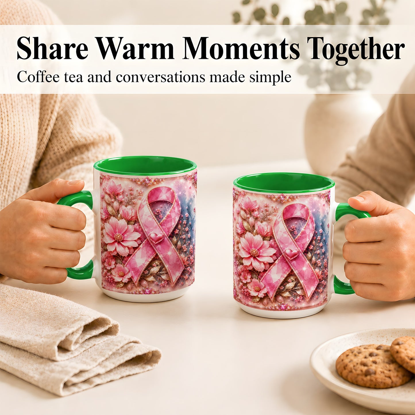 #pl[15oz|Green] Gemstone Pink Ribbon Coffee Mug, Floral Awareness Mug, Ceramic Cup