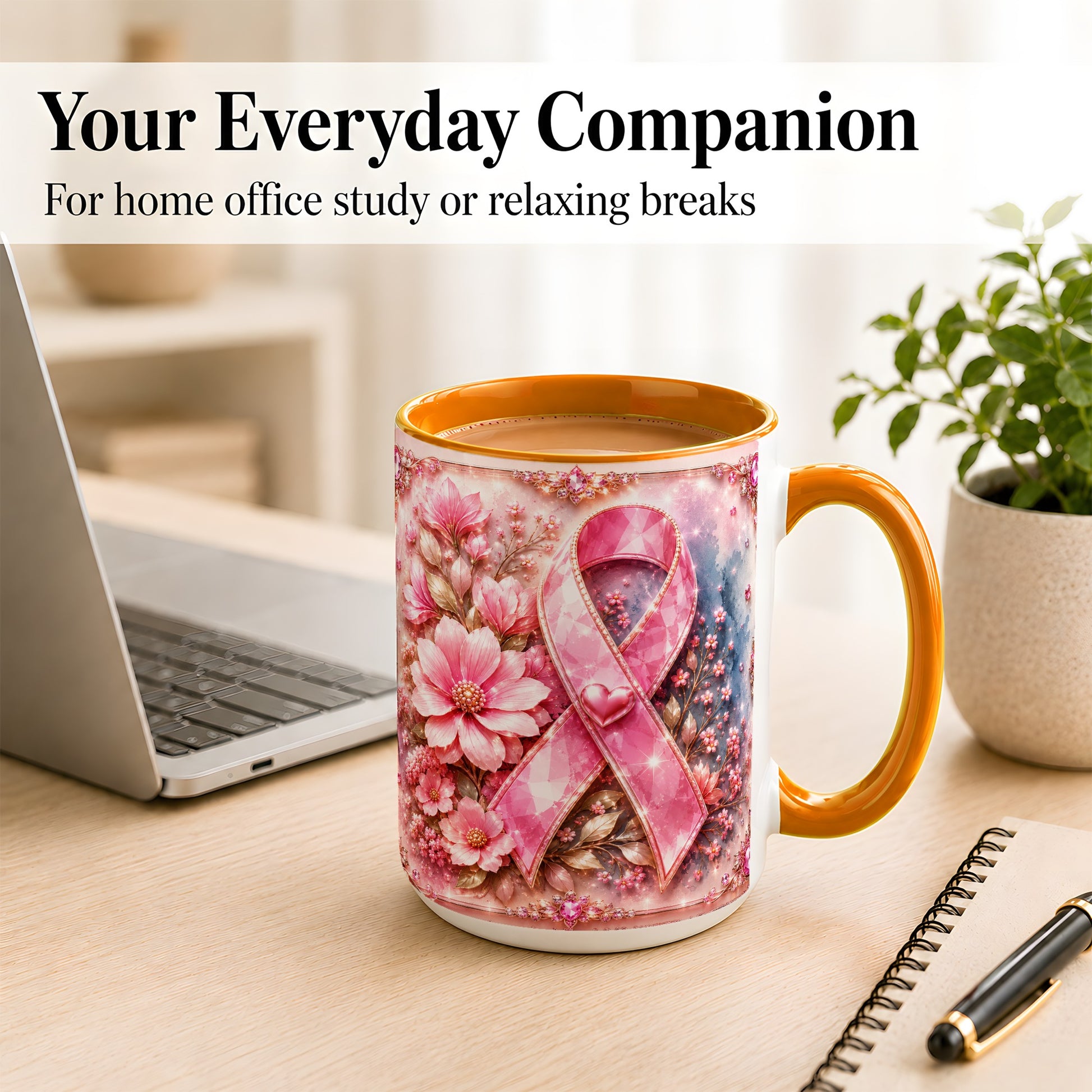 #pl[15oz|Orange] Gemstone Pink Ribbon Coffee Mug, Floral Awareness Mug, Ceramic Cup