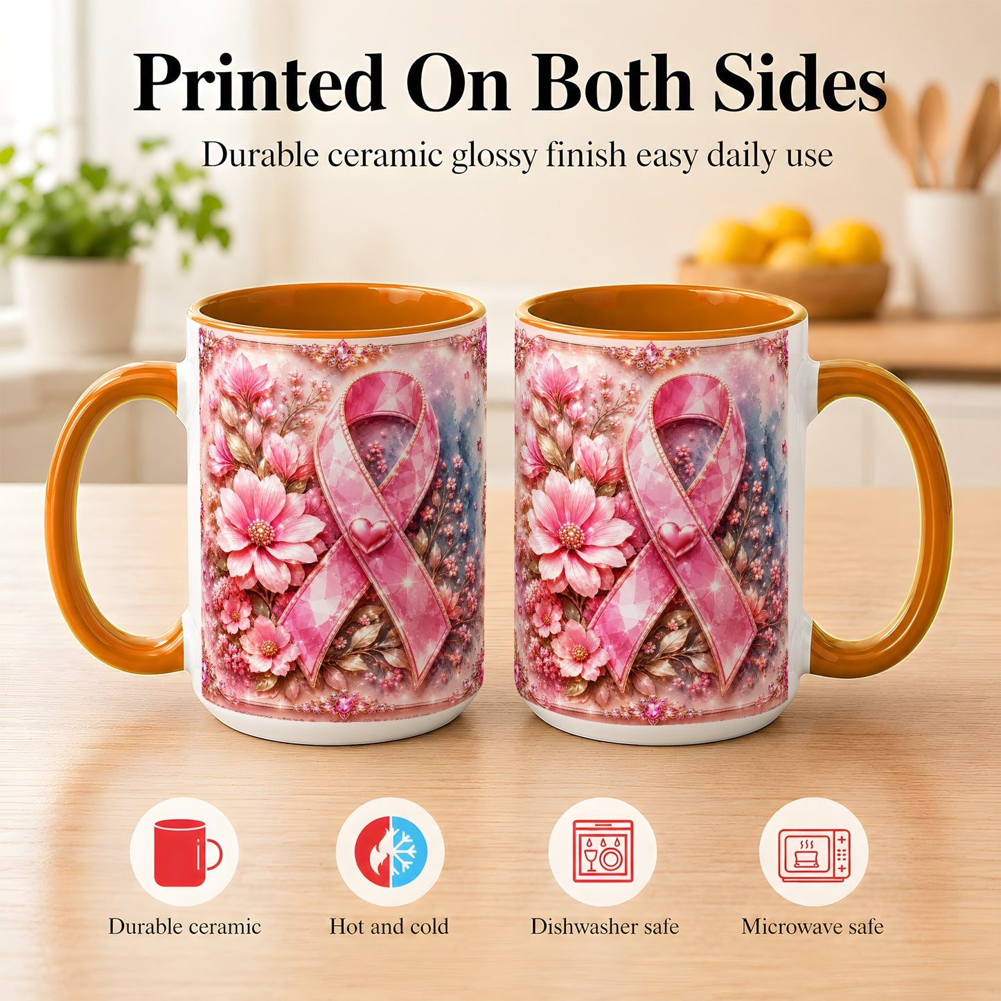 #pl[15oz|Orange] Gemstone Pink Ribbon Coffee Mug, Floral Awareness Mug, Ceramic Cup