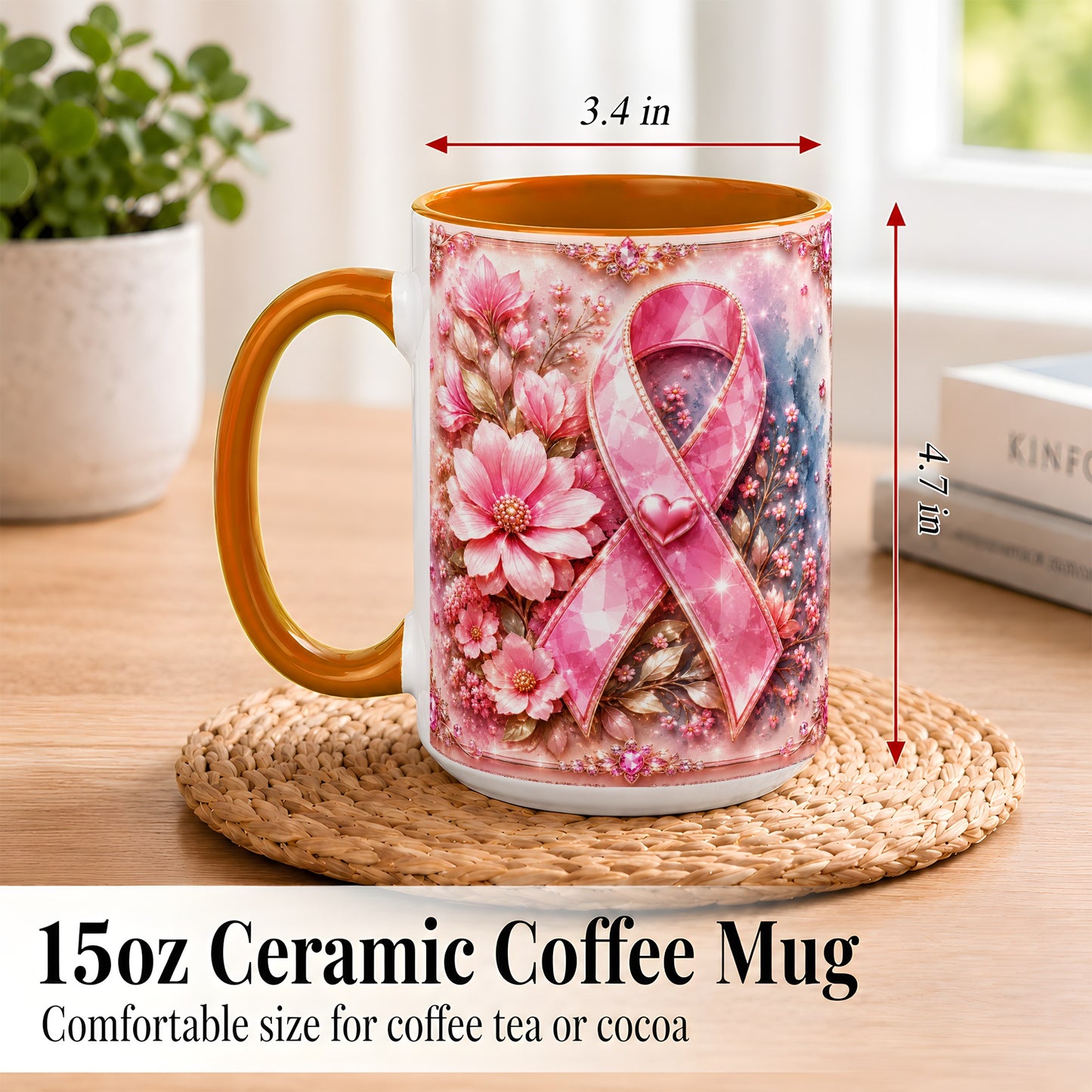 #pl[15oz|Orange] Gemstone Pink Ribbon Coffee Mug, Floral Awareness Mug, Ceramic Cup
