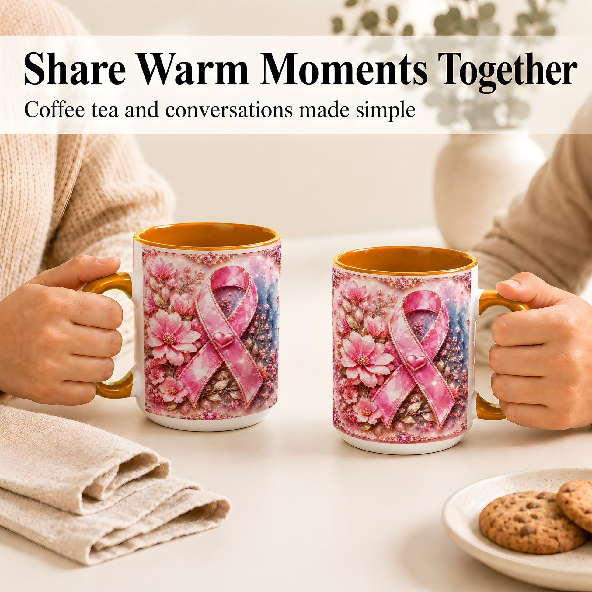 #pl[15oz|Orange] Gemstone Pink Ribbon Coffee Mug, Floral Awareness Mug, Ceramic Cup