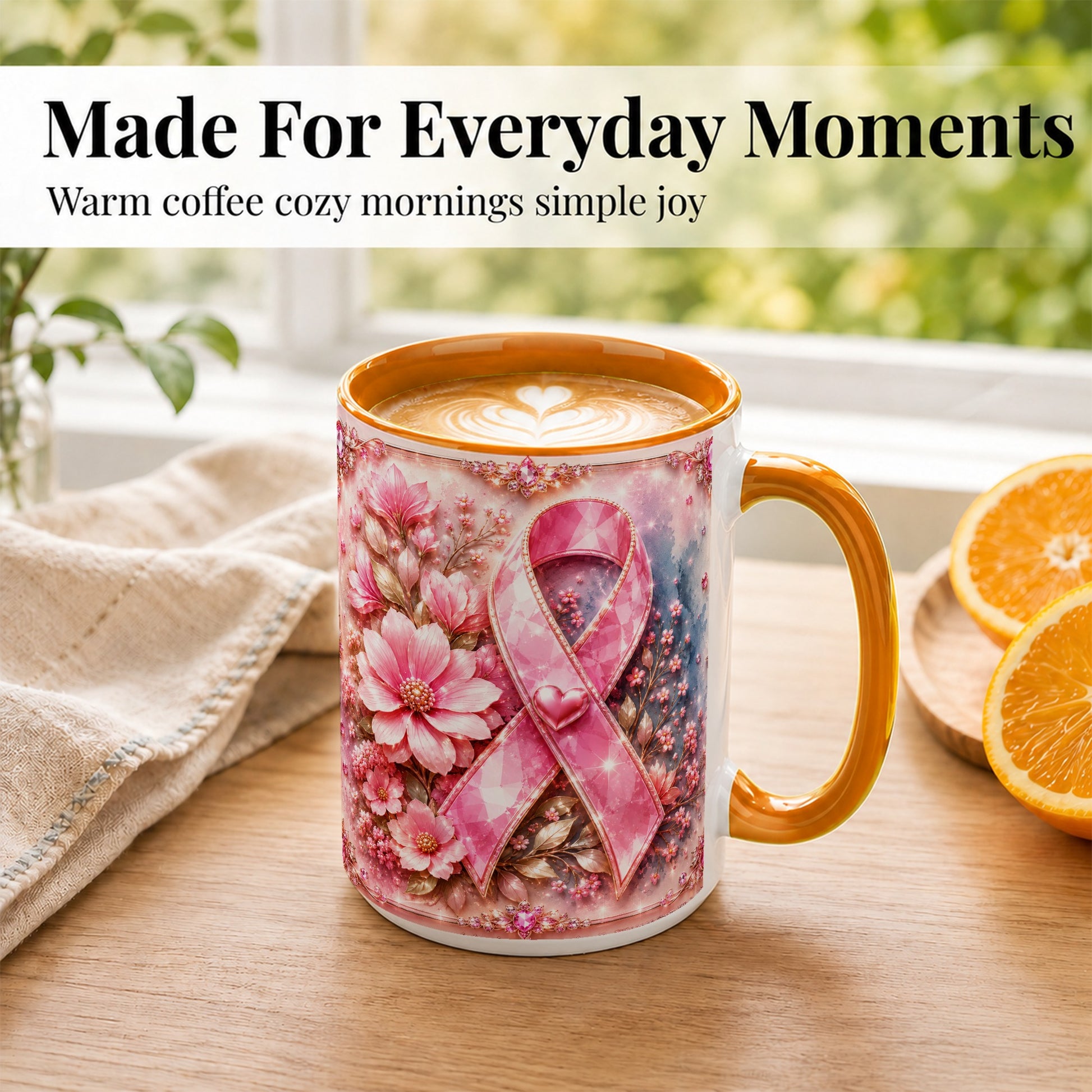 #pl[15oz|Orange] Gemstone Pink Ribbon Coffee Mug, Floral Awareness Mug, Ceramic Cup