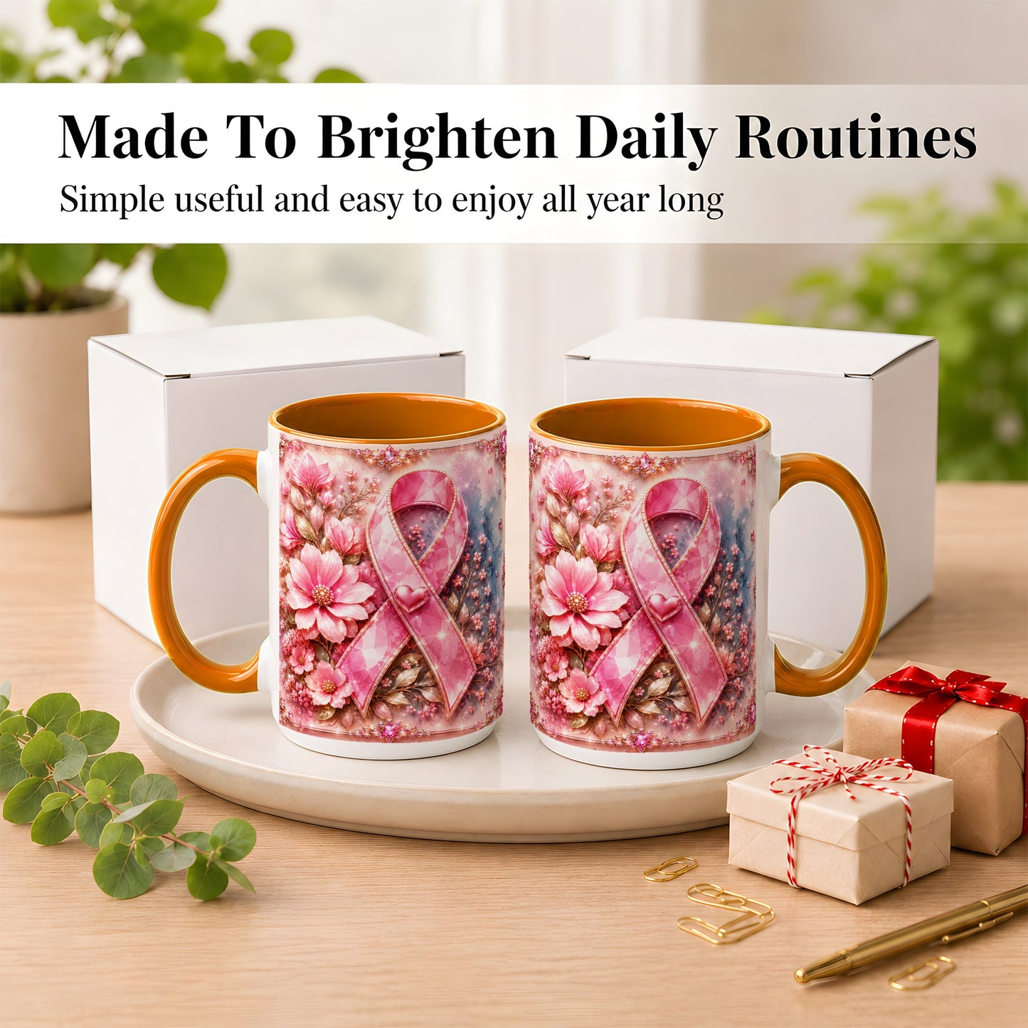 #pl[15oz|Orange] Gemstone Pink Ribbon Coffee Mug, Floral Awareness Mug, Ceramic Cup