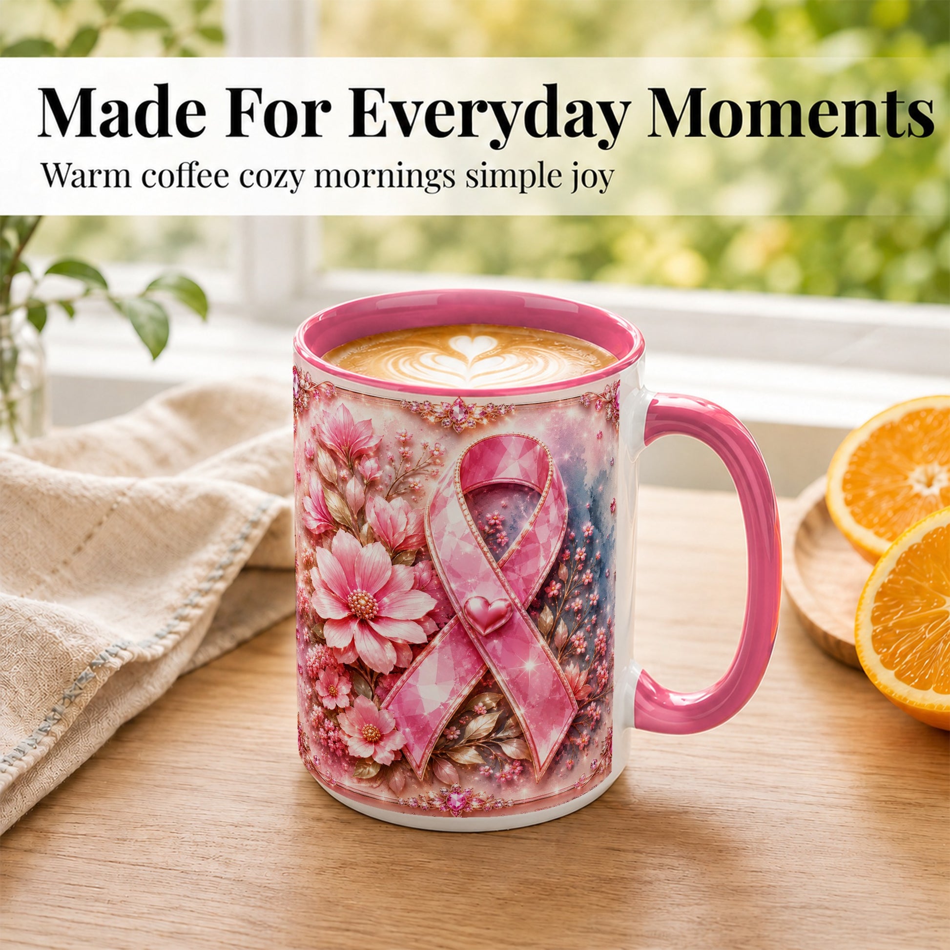 #pl[15oz|Pink] Gemstone Pink Ribbon Coffee Mug, Floral Awareness Mug, Ceramic Cup