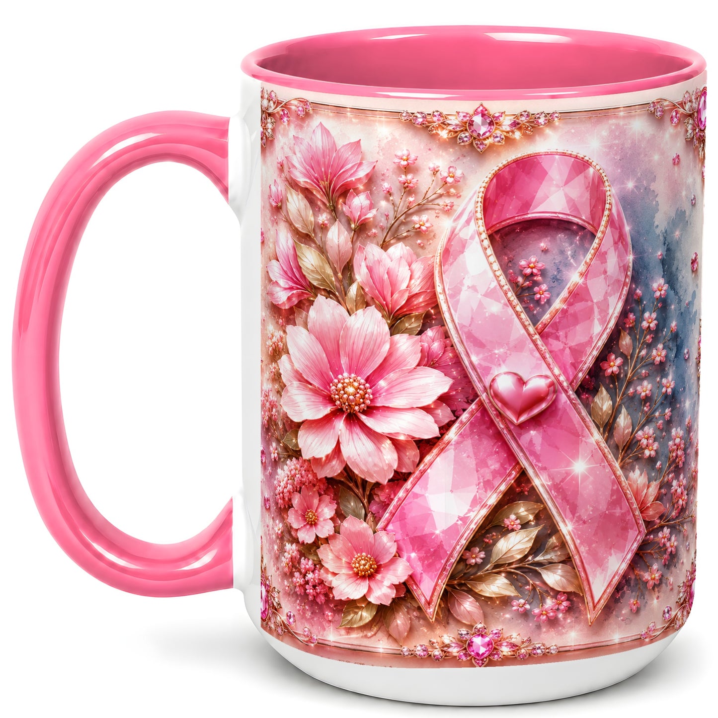 #pl[15oz|Pink] Gemstone Pink Ribbon Coffee Mug, Floral Awareness Mug, Ceramic Cup