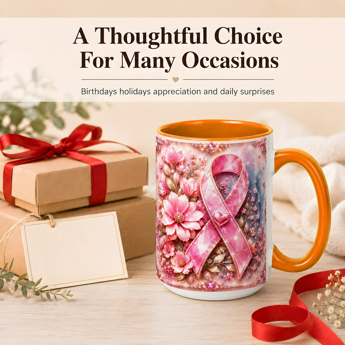 #pl[15oz|Orange] Gemstone Pink Ribbon Coffee Mug, Floral Awareness Mug, Ceramic Cup