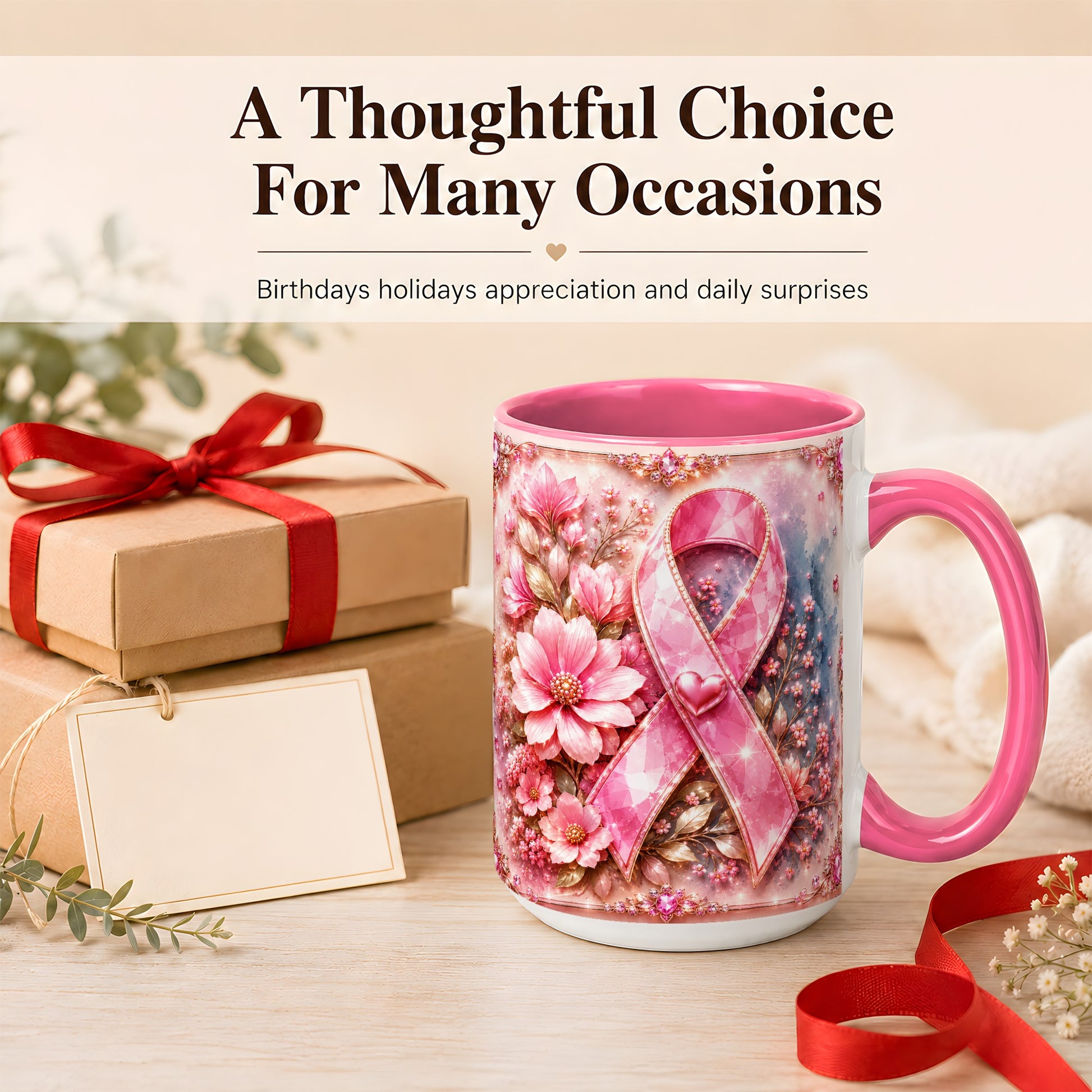 #pl[15oz|Pink] Gemstone Pink Ribbon Coffee Mug, Floral Awareness Mug, Ceramic Cup