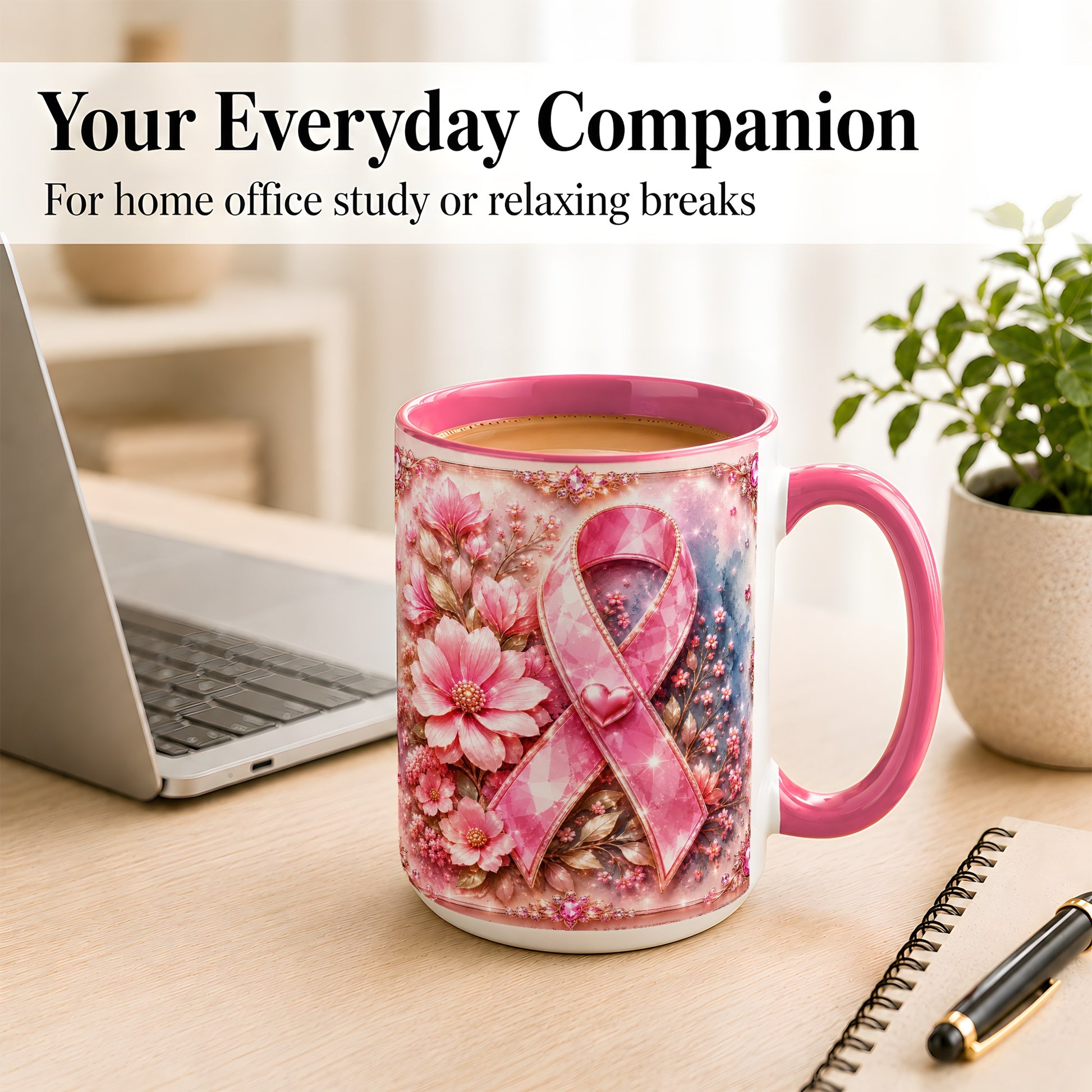 #pl[15oz|Pink] Gemstone Pink Ribbon Coffee Mug, Floral Awareness Mug, Ceramic Cup