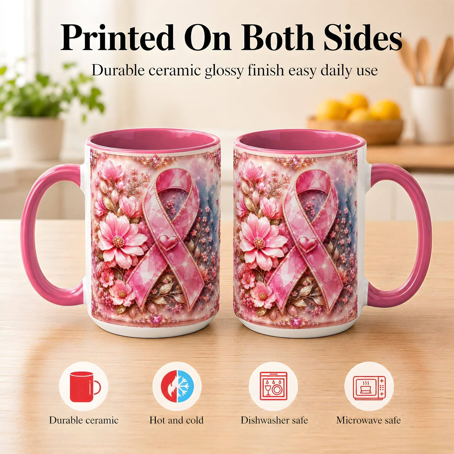 #pl[15oz|Pink] Gemstone Pink Ribbon Coffee Mug, Floral Awareness Mug, Ceramic Cup