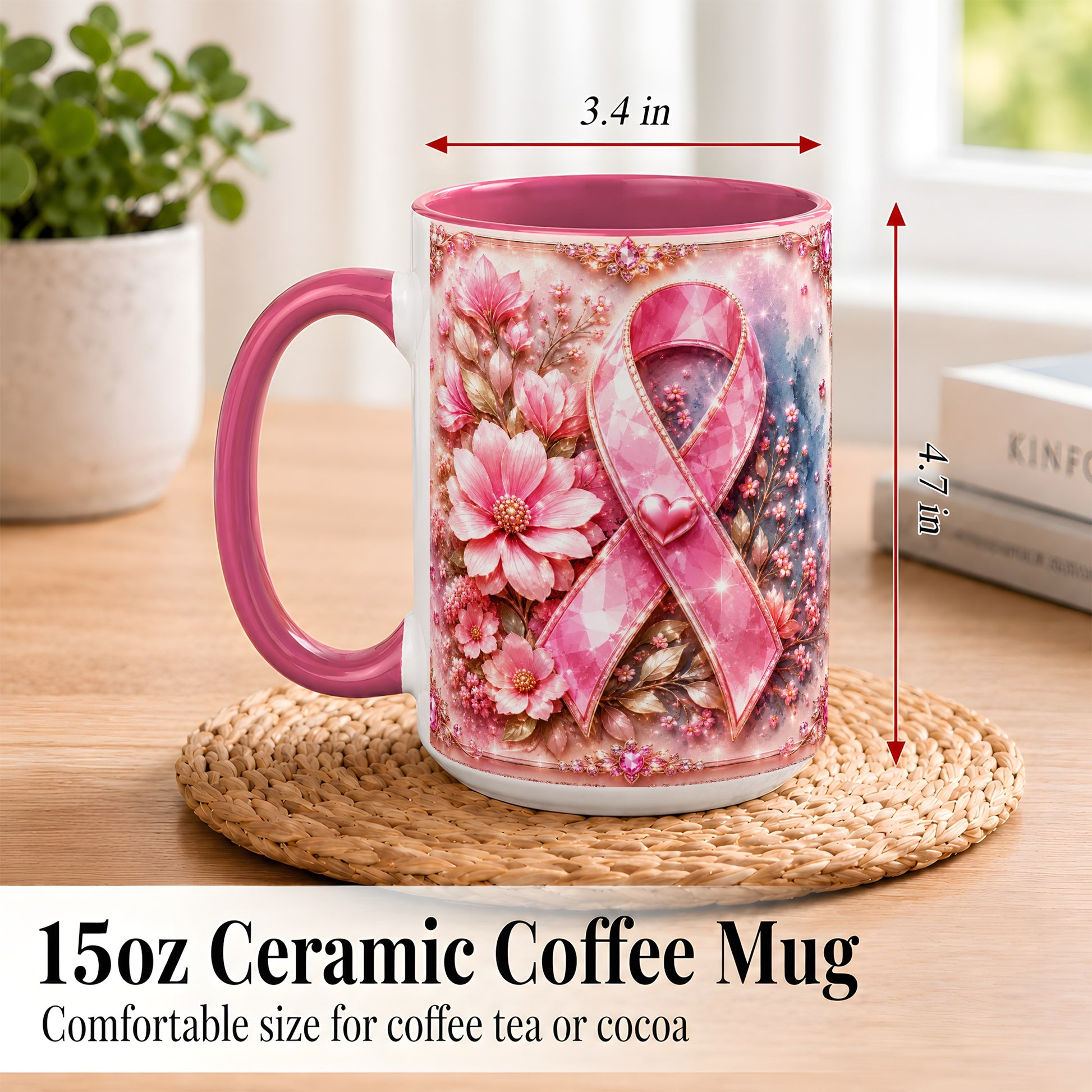 #pl[15oz|Pink] Gemstone Pink Ribbon Coffee Mug, Floral Awareness Mug, Ceramic Cup