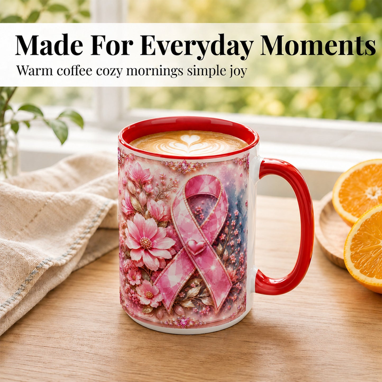 #pl[15oz|Red] Gemstone Pink Ribbon Coffee Mug, Floral Awareness Mug, Ceramic Cup