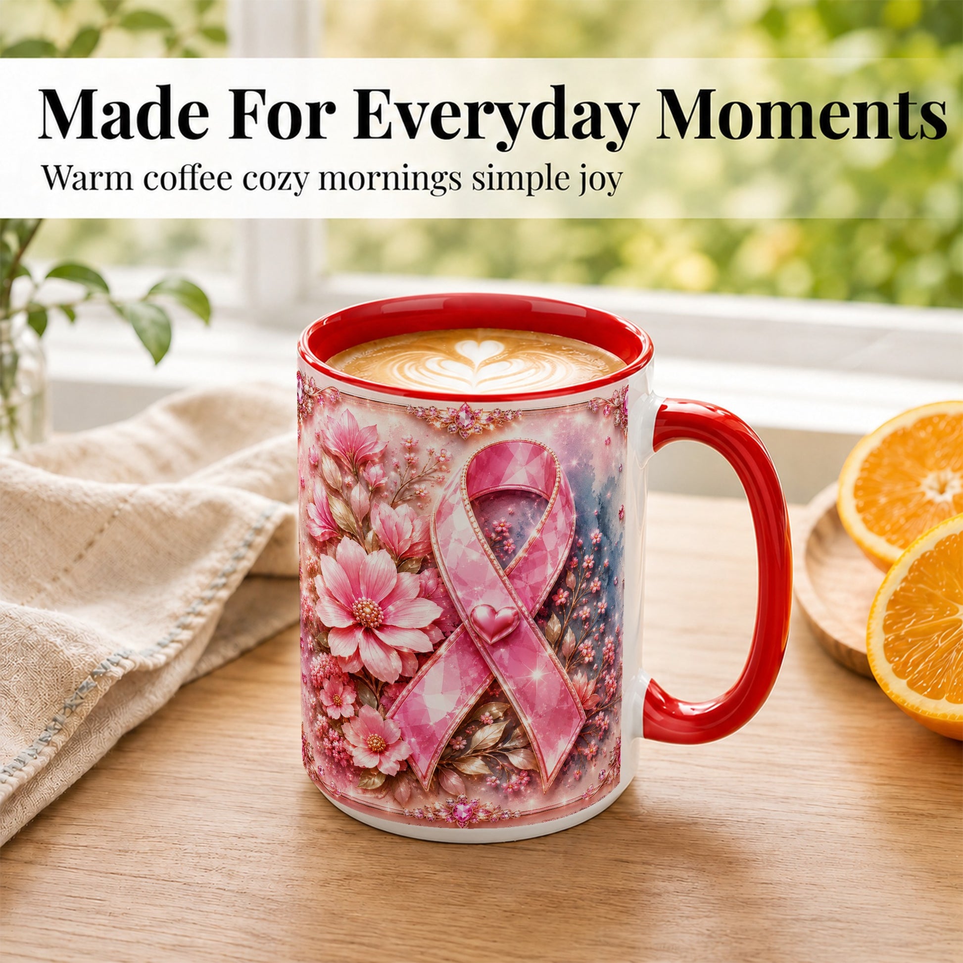 #pl[15oz|Red] Gemstone Pink Ribbon Coffee Mug, Floral Awareness Mug, Ceramic Cup