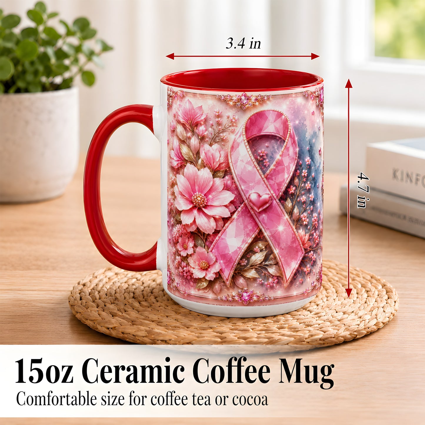 #pl[15oz|Red] Gemstone Pink Ribbon Coffee Mug, Floral Awareness Mug, Ceramic Cup