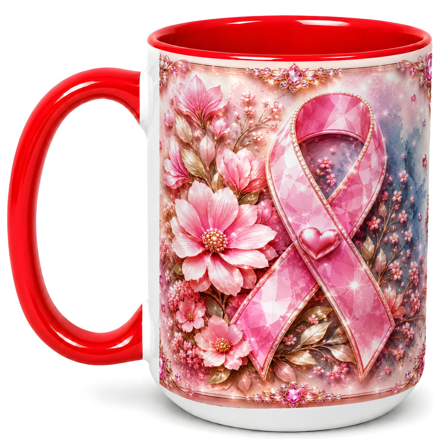 #pl[15oz|Red] Gemstone Pink Ribbon Coffee Mug, Floral Awareness Mug, Ceramic Cup