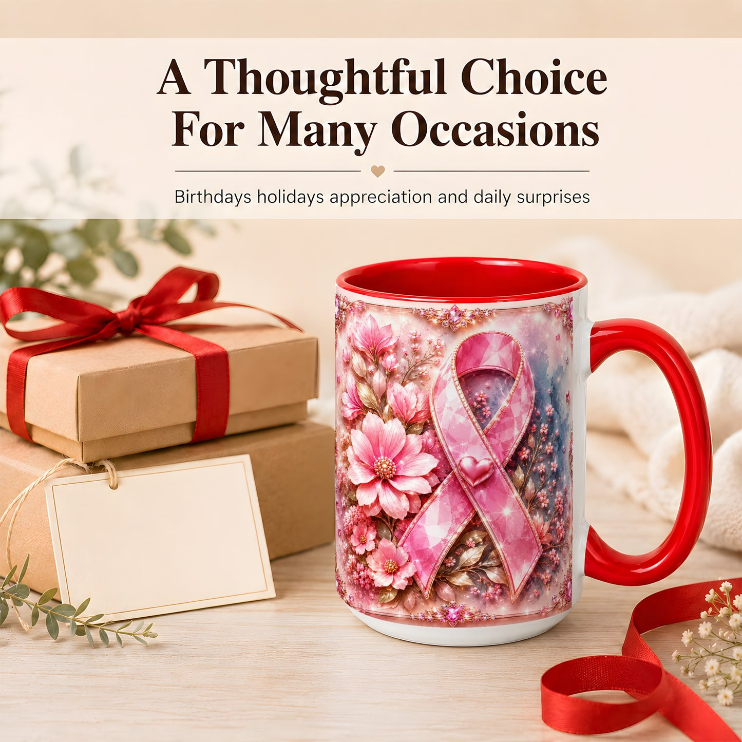 #pl[15oz|Red] Gemstone Pink Ribbon Coffee Mug, Floral Awareness Mug, Ceramic Cup