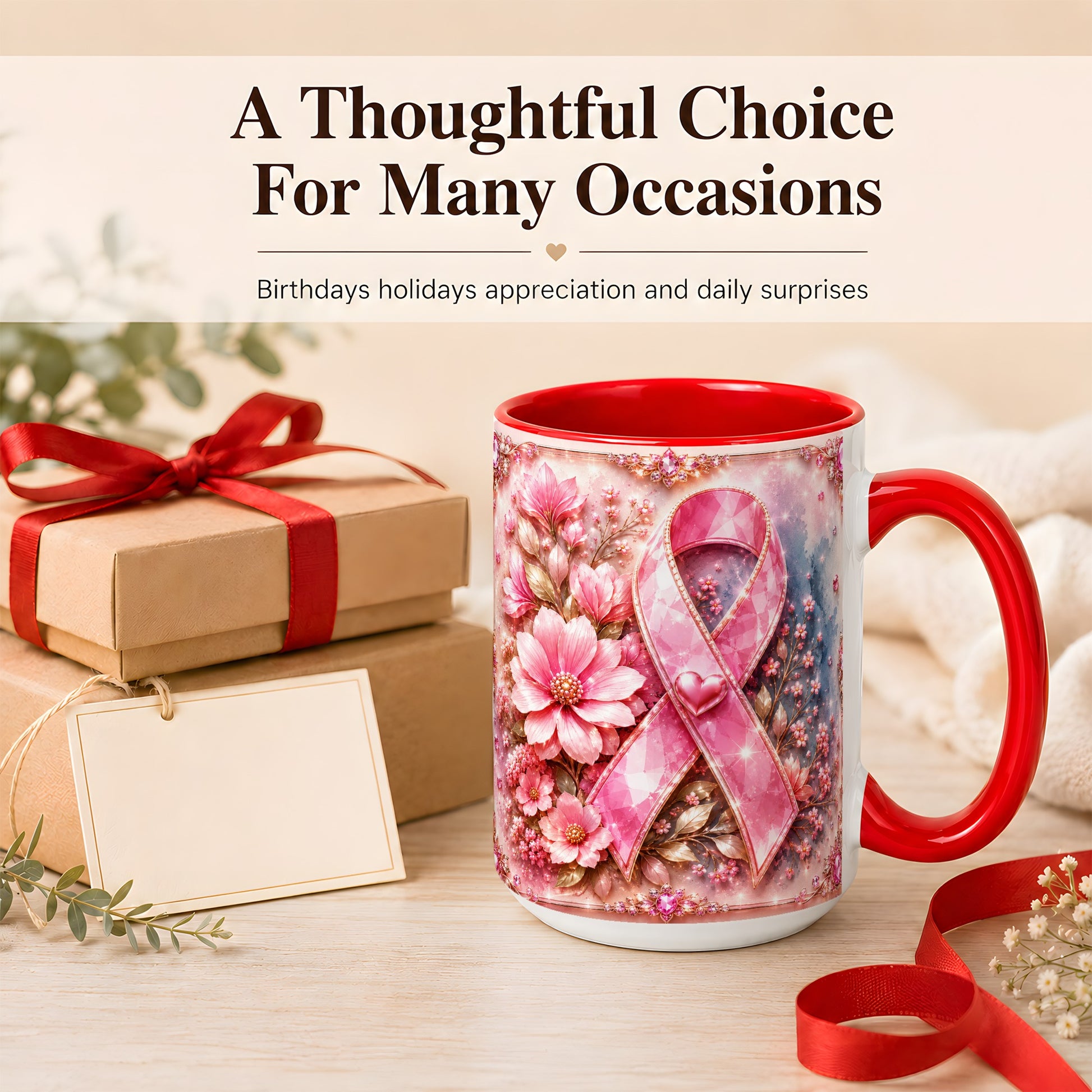 #pl[15oz|Red] Gemstone Pink Ribbon Coffee Mug, Floral Awareness Mug, Ceramic Cup