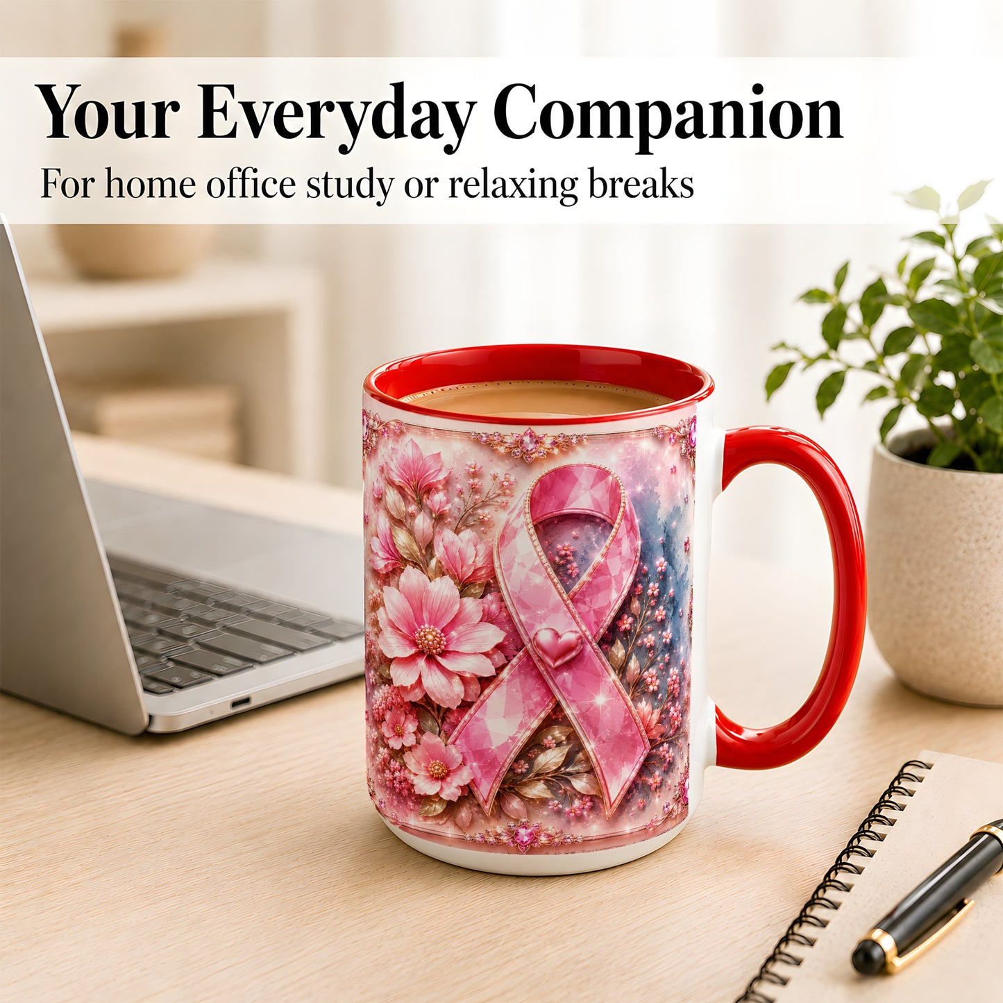 #pl[15oz|Red] Gemstone Pink Ribbon Coffee Mug, Floral Awareness Mug, Ceramic Cup