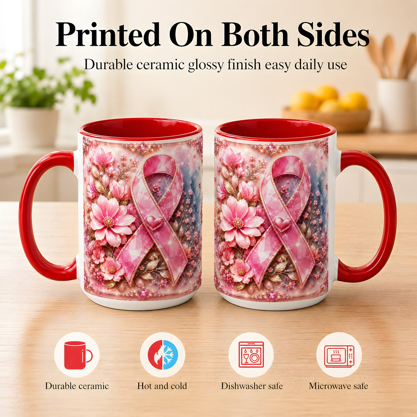 #pl[15oz|Red] Gemstone Pink Ribbon Coffee Mug, Floral Awareness Mug, Ceramic Cup