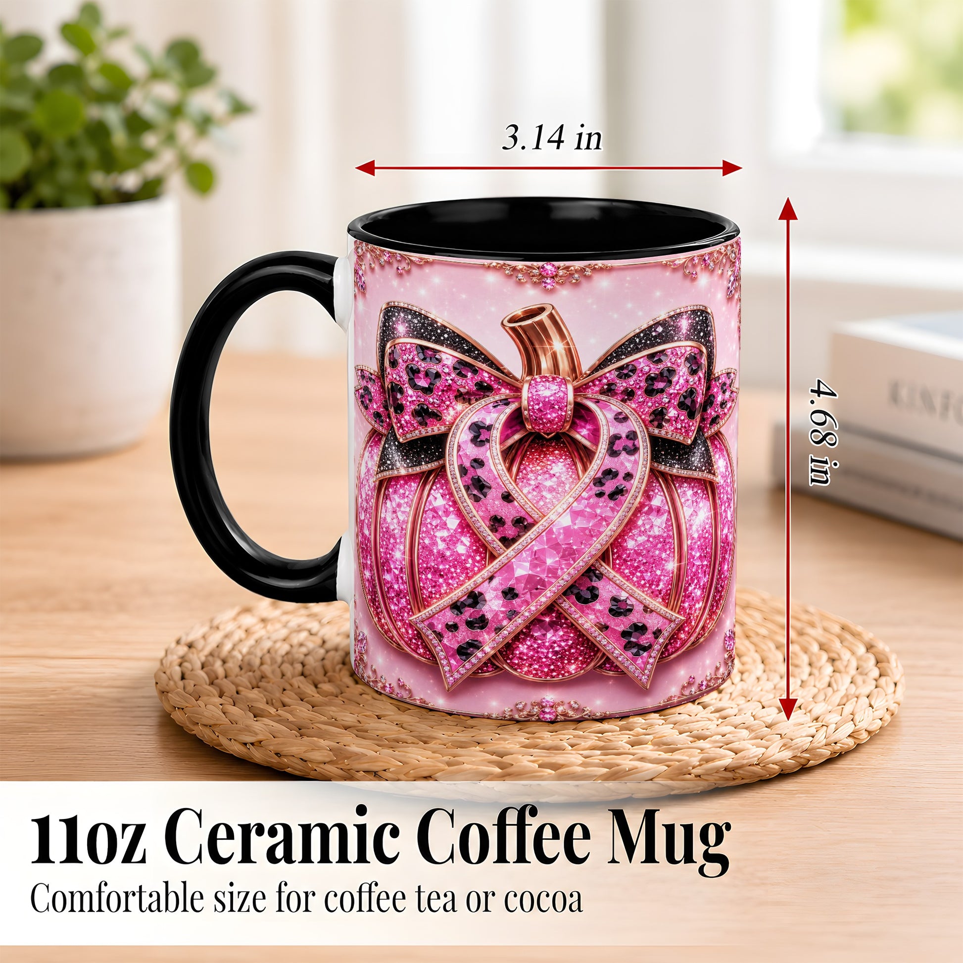 #pl[11oz|Black] Pink Ribbon Pumpkin Coffee Mug, Awareness Mug, Ceramic Cup