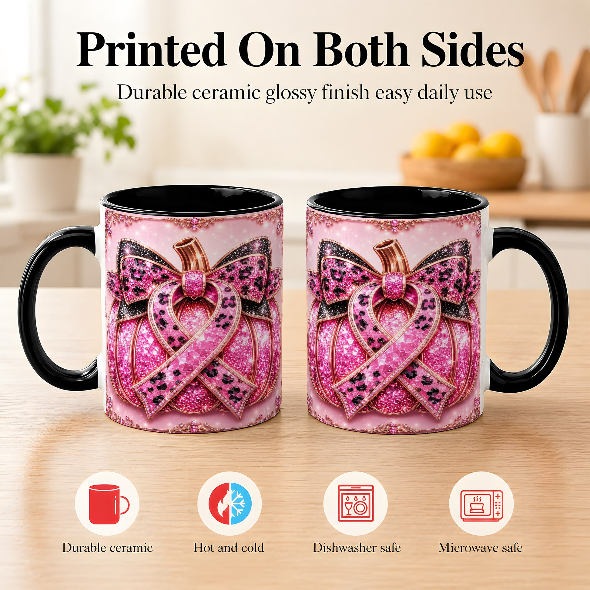 #pl[11oz|Black] Pink Ribbon Pumpkin Coffee Mug, Awareness Mug, Ceramic Cup