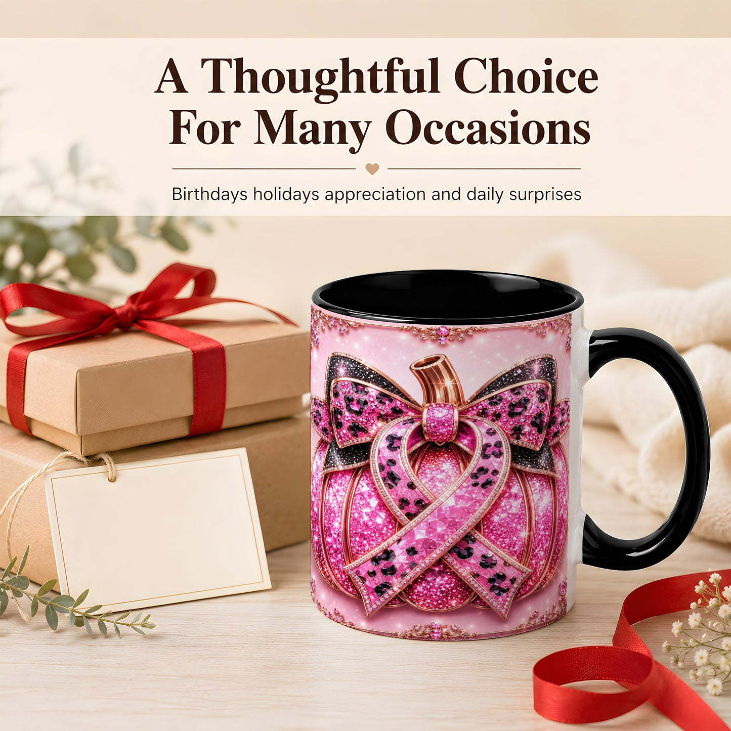 #pl[11oz|Black] Pink Ribbon Pumpkin Coffee Mug, Awareness Mug, Ceramic Cup